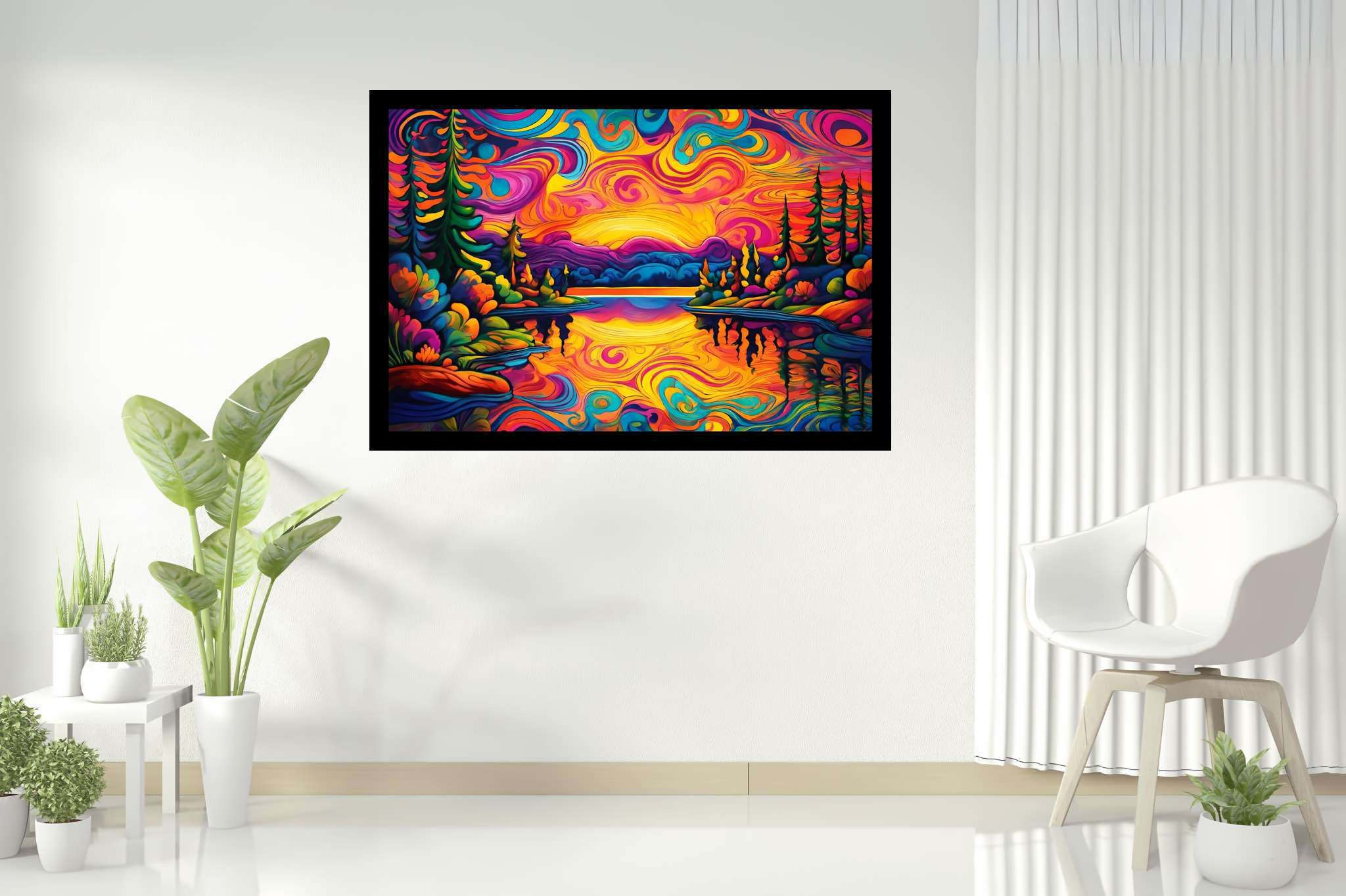 Evening's embrace unfolding: Sunset art with horizon painting, in a room with minimalist approach, digital art pieces, and elegant home goods. The art can be printed on poster, framed poster, canvas, metal, acrylic or wood, exclusively at WallArtZen. Find this exact print at https://wallartzen.com/waz154