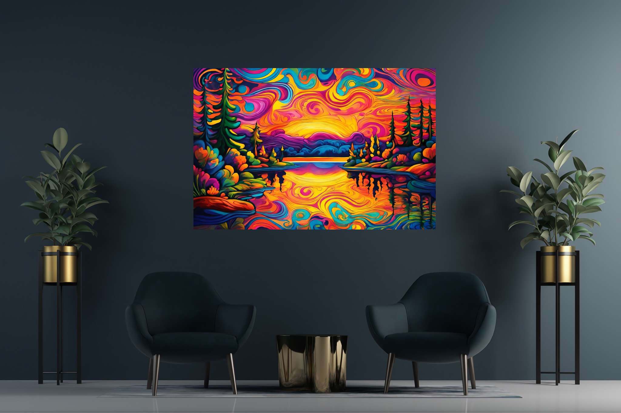 Evening's embrace unfolding: Sunset art with breathtaking views, in a room with contemporary flair, mural artworks, and decorative pieces. The art can be printed on poster, framed poster, canvas, metal, acrylic or wood, exclusively at WallArtZen. Find this exact print at https://wallartzen.com/waz154