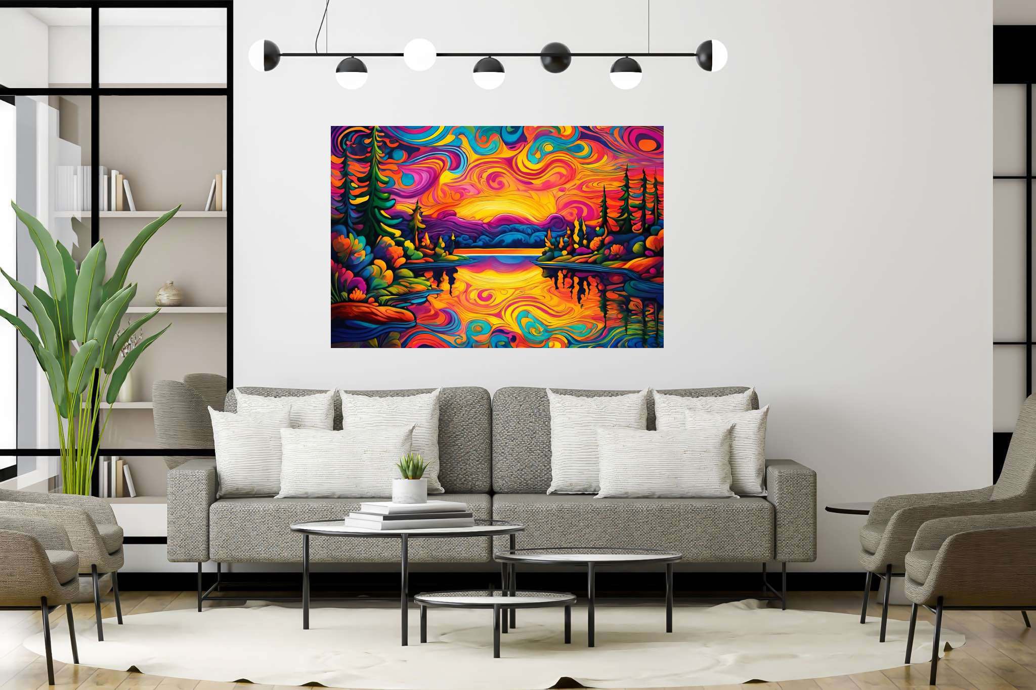 Evening's embrace unfolding: Sunset art with evening art, in a room with urban design, bespoke art designs, and elegant home goods. The art can be printed on poster, framed poster, canvas, metal, acrylic or wood, exclusively at WallArtZen. Find this exact print at https://wallartzen.com/waz154