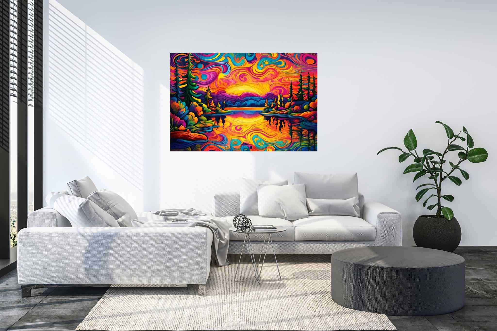 Evening's embrace unfolding: Sunset art with sunset scenery, in a room with artistic style, photographic wall art, and elegant home goods. The art can be printed on poster, framed poster, canvas, metal, acrylic or wood, exclusively at WallArtZen. Find this exact print at https://wallartzen.com/waz154