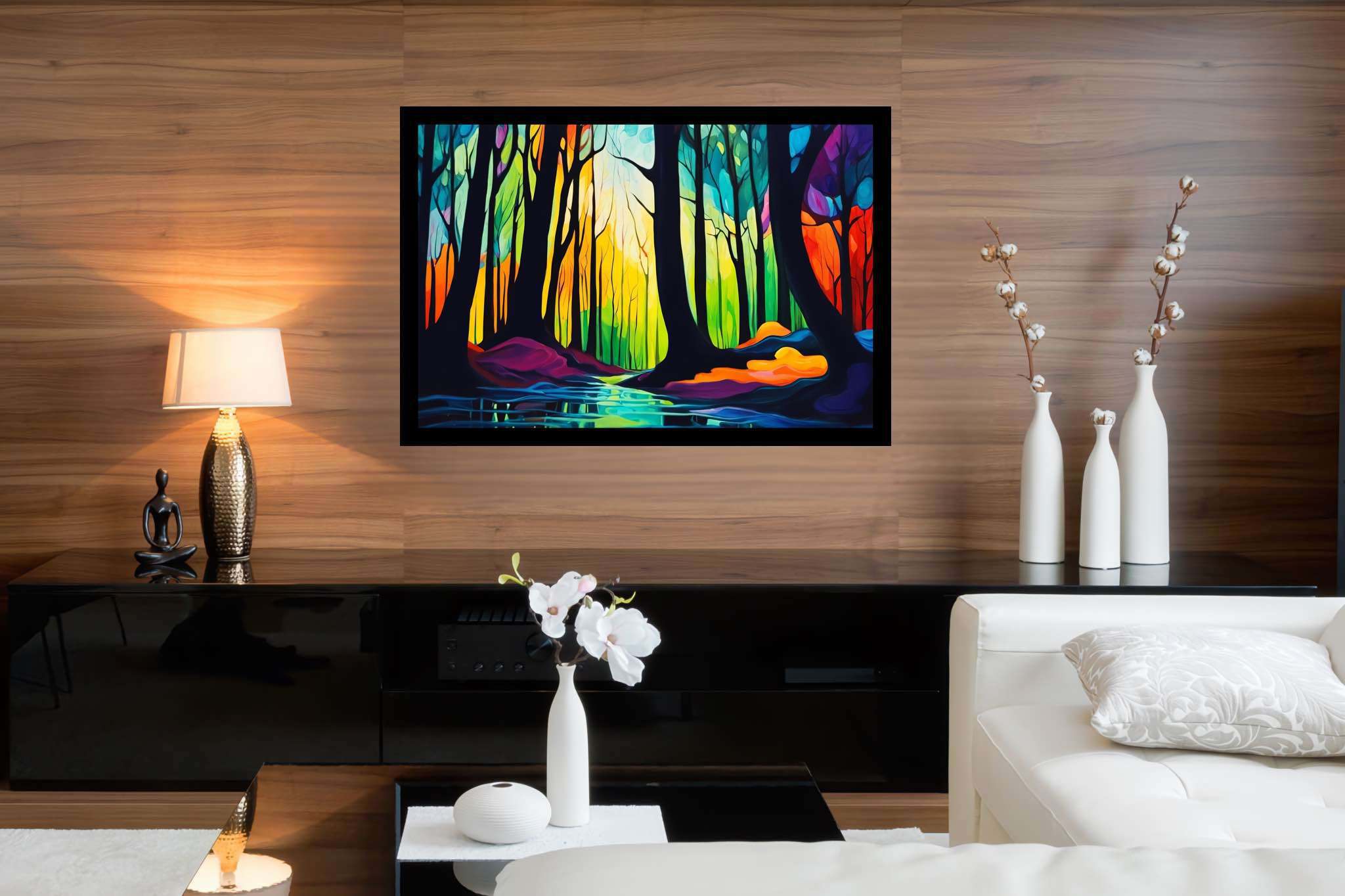 Forest whispers sonata: Nature art with botanical illustrations, in a room with artistic style, framed art, and luxe decor. The art can be printed on poster, framed poster, canvas, metal, acrylic or wood, exclusively at WallArtZen. Find this exact print at https://wallartzen.com/waz155
