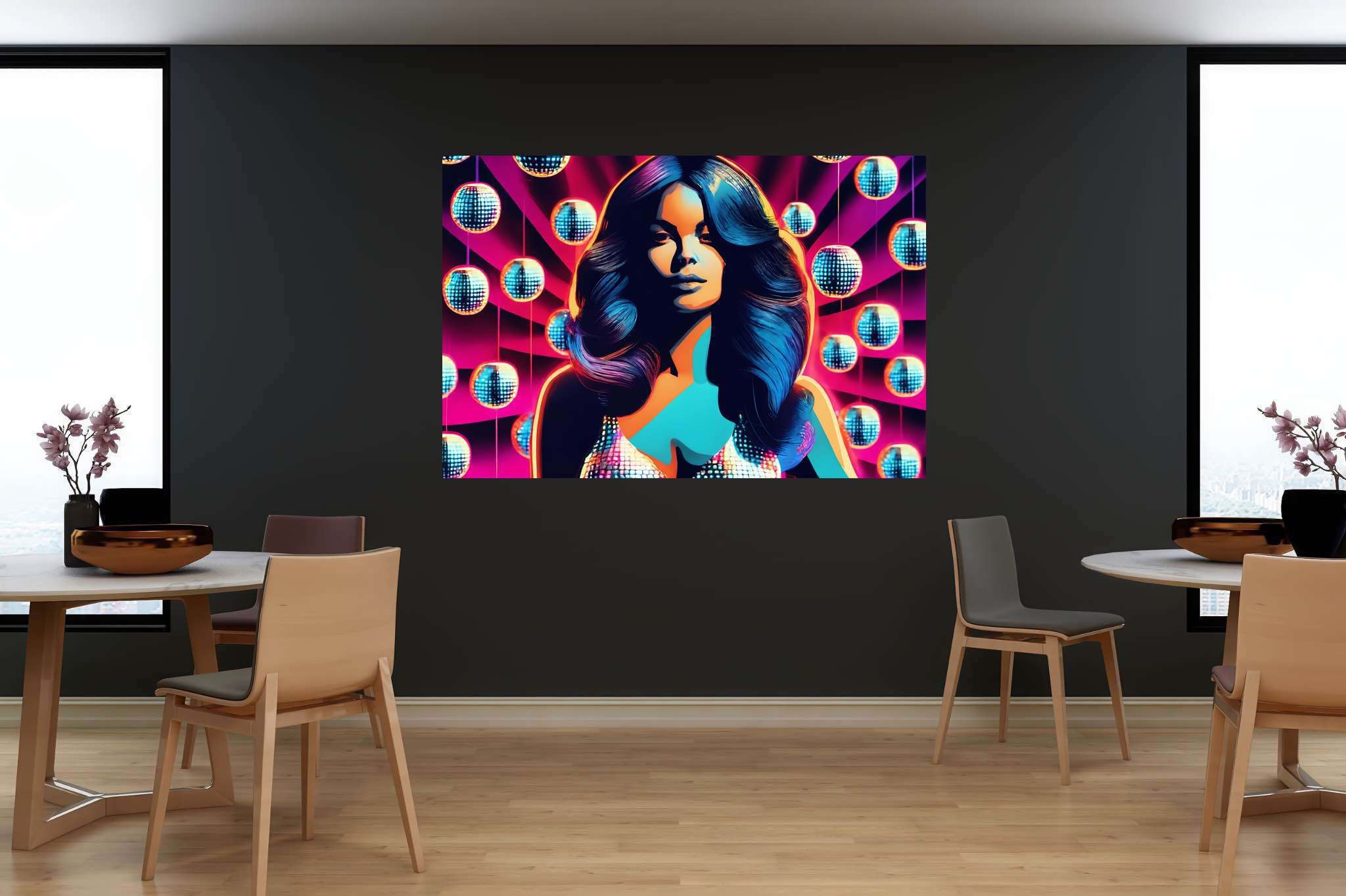 Veiled gazes of midnight: Mysterious woman art with mysterious woman symbolism, in a room with minimalist approach, abstract paintings, and elegant home goods. The art can be printed on poster, framed poster, canvas, metal, acrylic or wood, exclusively at WallArtZen. Find this exact print at https://wallartzen.com/waz156
