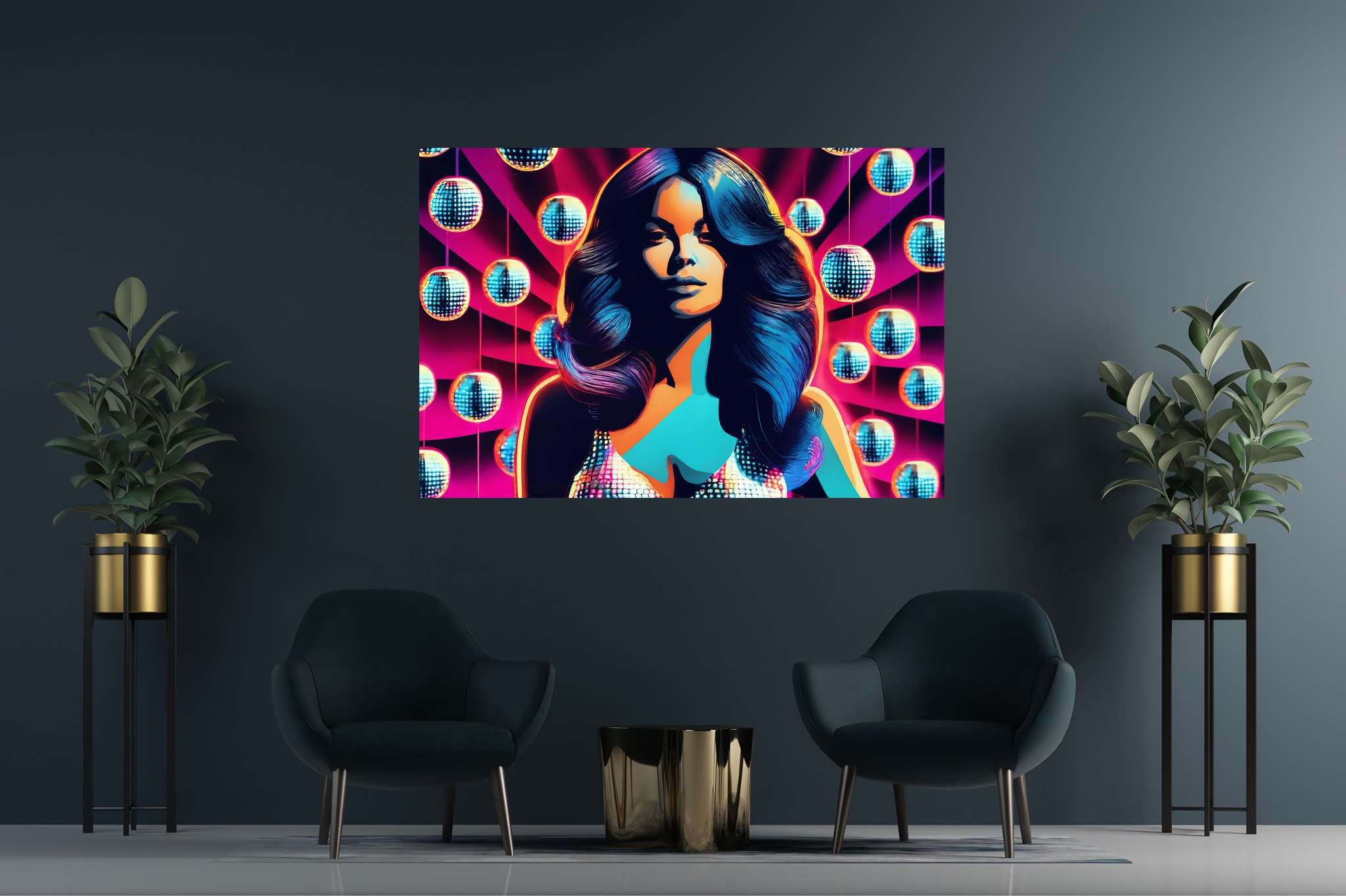 Veiled gazes of midnight: Mysterious woman art with women of mystery in art, in a room with artistic style, mural artworks, and decorative pieces. The art can be printed on poster, framed poster, canvas, metal, acrylic or wood, exclusively at WallArtZen. Find this exact print at https://wallartzen.com/waz156