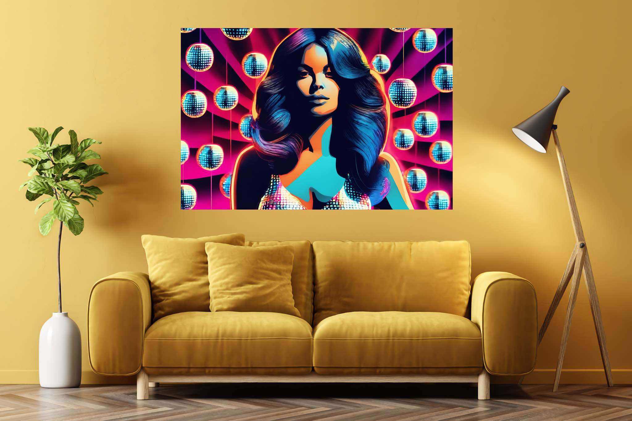 Veiled gazes of midnight: Mysterious woman art with enigmatic female muse, in a room with elegant layout, wall hangings, and stylish accessories. The art can be printed on poster, framed poster, canvas, metal, acrylic or wood, exclusively at WallArtZen. Find this exact print at https://wallartzen.com/waz156
