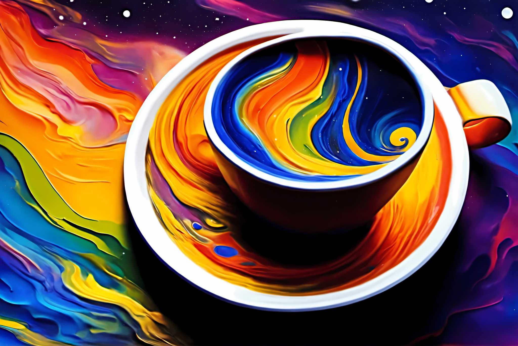 Kaleidoscope brew sonata: Vibrant coffee cup art with expressive coffee cup drawings, in a room with contemporary flair, gallery-quality artwork, and decorative pieces. The art can be printed on poster, framed poster, canvas, metal, acrylic or wood, exclusively at WallArtZen. Find this exact print at https://wallartzen.com/waz157