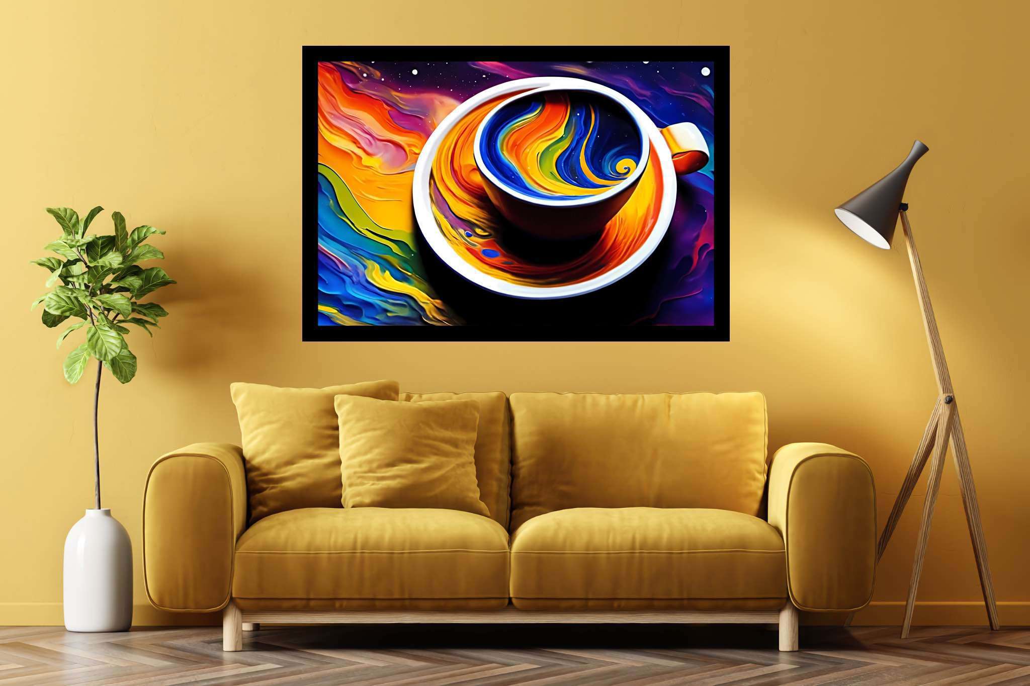 Kaleidoscope brew sonata: Vibrant coffee cup art with vibrant coffee cup art, in a room with chic decor, canvas prints, and elegant home goods. The art can be printed on poster, framed poster, canvas, metal, acrylic or wood, exclusively at WallArtZen. Find this exact print at https://wallartzen.com/waz157