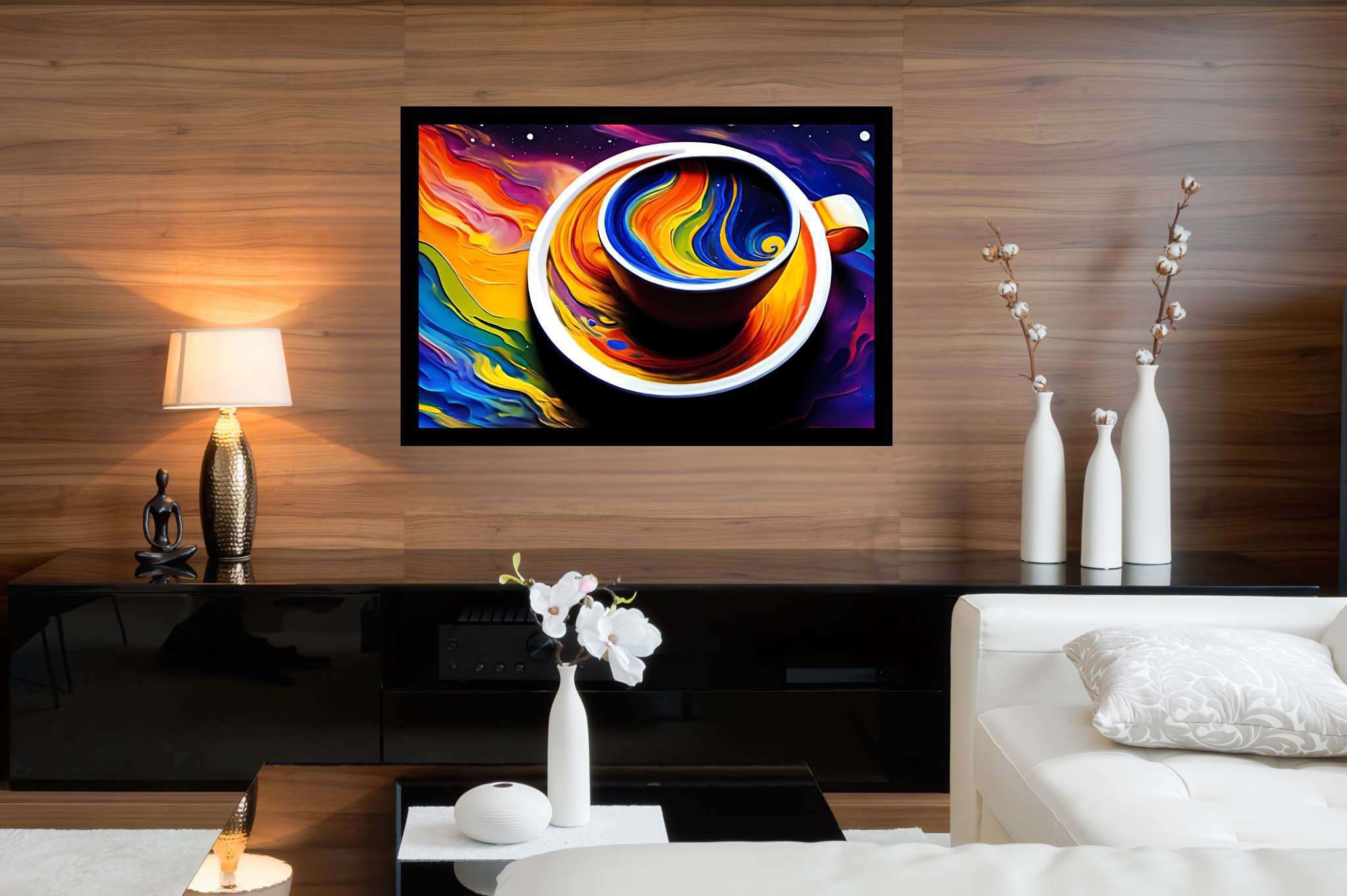 Kaleidoscope brew sonata: Vibrant coffee cup art with vibrant coffee cup art, in a room with contemporary flair, bespoke art designs, and elegant home goods. The art can be printed on poster, framed poster, canvas, metal, acrylic or wood, exclusively at WallArtZen. Find this exact print at https://wallartzen.com/waz157