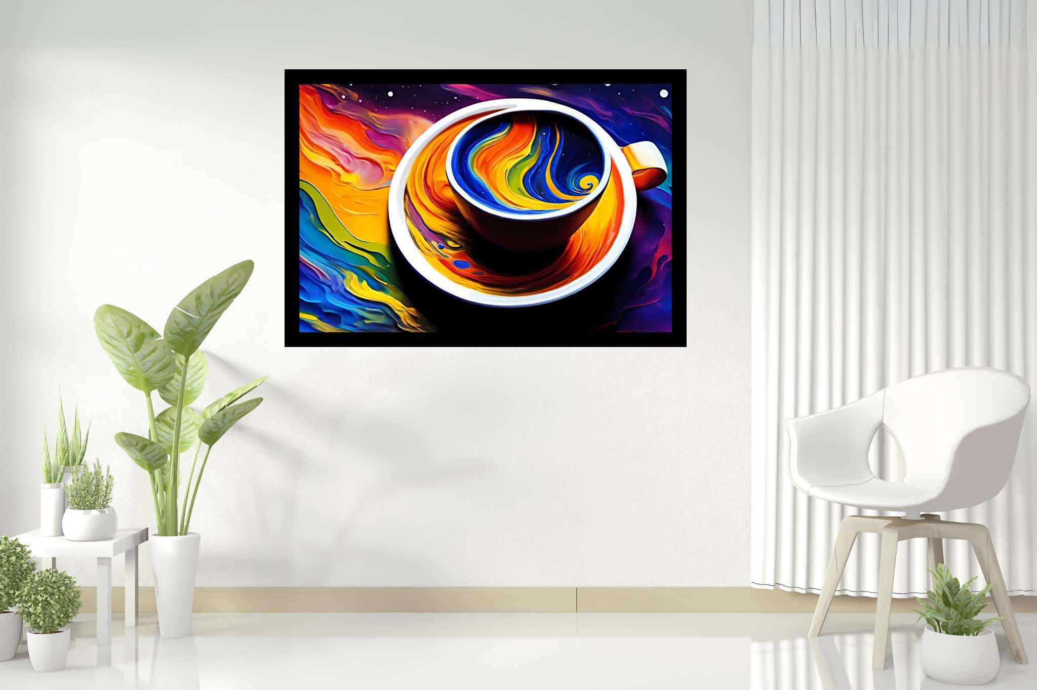 Kaleidoscope brew sonata: Vibrant coffee cup art with dynamic coffee cup sculptures, in a room with urban design, fine art prints, and decorative pieces. The art can be printed on poster, framed poster, canvas, metal, acrylic or wood, exclusively at WallArtZen. Find this exact print at https://wallartzen.com/waz157