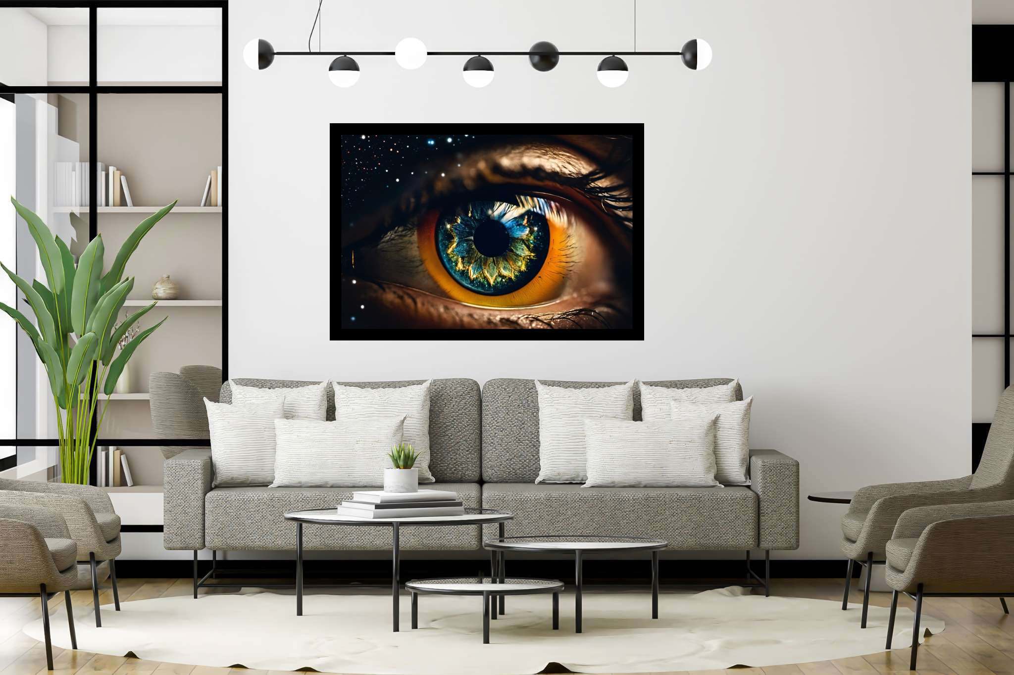 Stargazer's vision quest: Surreal eye art with surrealistic eye illustration, in a room with contemporary flair, gallery-quality artwork, and home furnishings. The art can be printed on poster, framed poster, canvas, metal, acrylic or wood, exclusively at WallArtZen. Find this exact print at https://wallartzen.com/waz159