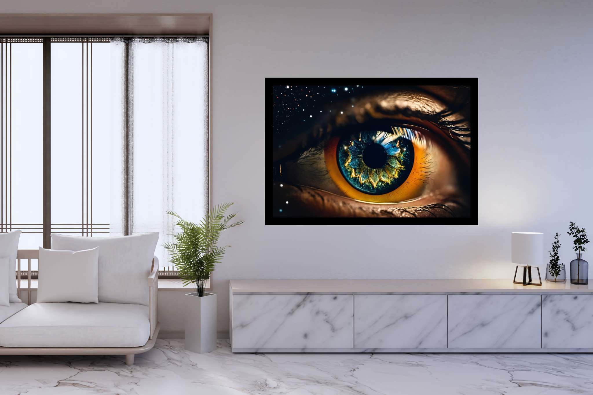 Stargazer's vision quest: Surreal eye art with hallucinatory eye designs, in a room with minimalist approach, framed art, and trendy home accents. The art can be printed on poster, framed poster, canvas, metal, acrylic or wood, exclusively at WallArtZen. Find this exact print at https://wallartzen.com/waz159