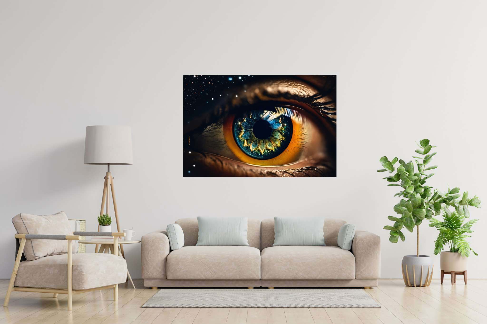 Stargazer's vision quest: Surreal eye art with surrealist vision artwork, in a room with modern style, abstract paintings, and luxe decor. The art can be printed on poster, framed poster, canvas, metal, acrylic or wood, exclusively at WallArtZen. Find this exact print at https://wallartzen.com/waz159