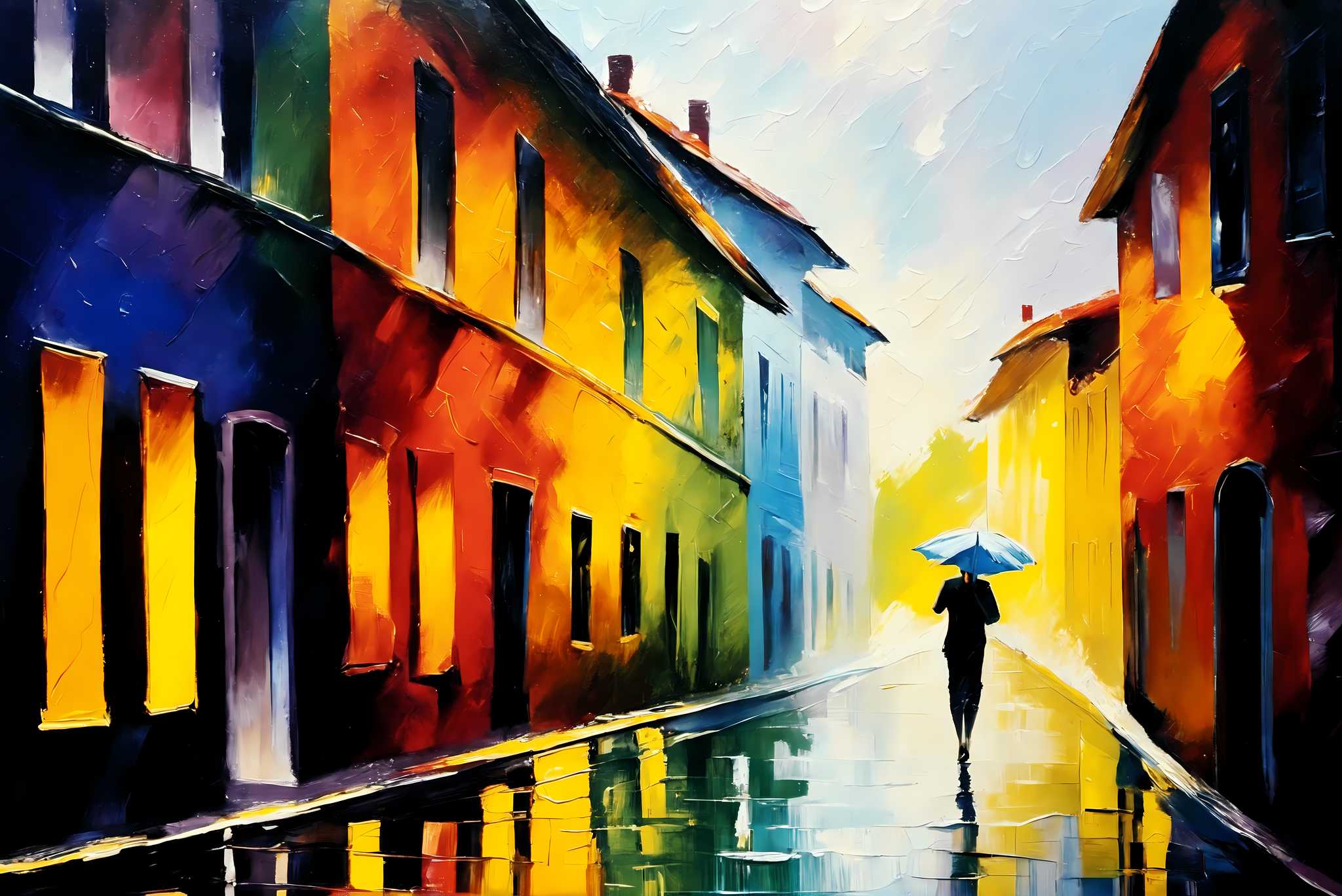 Rain's serenade in chromatic alley: Umbrella art with umbrella prints, in a room with urban design, fine art prints, and interior decorations. The art can be printed on poster, framed poster, canvas, metal, acrylic or wood, exclusively at WallArtZen. Find this exact print at https://wallartzen.com/waz15