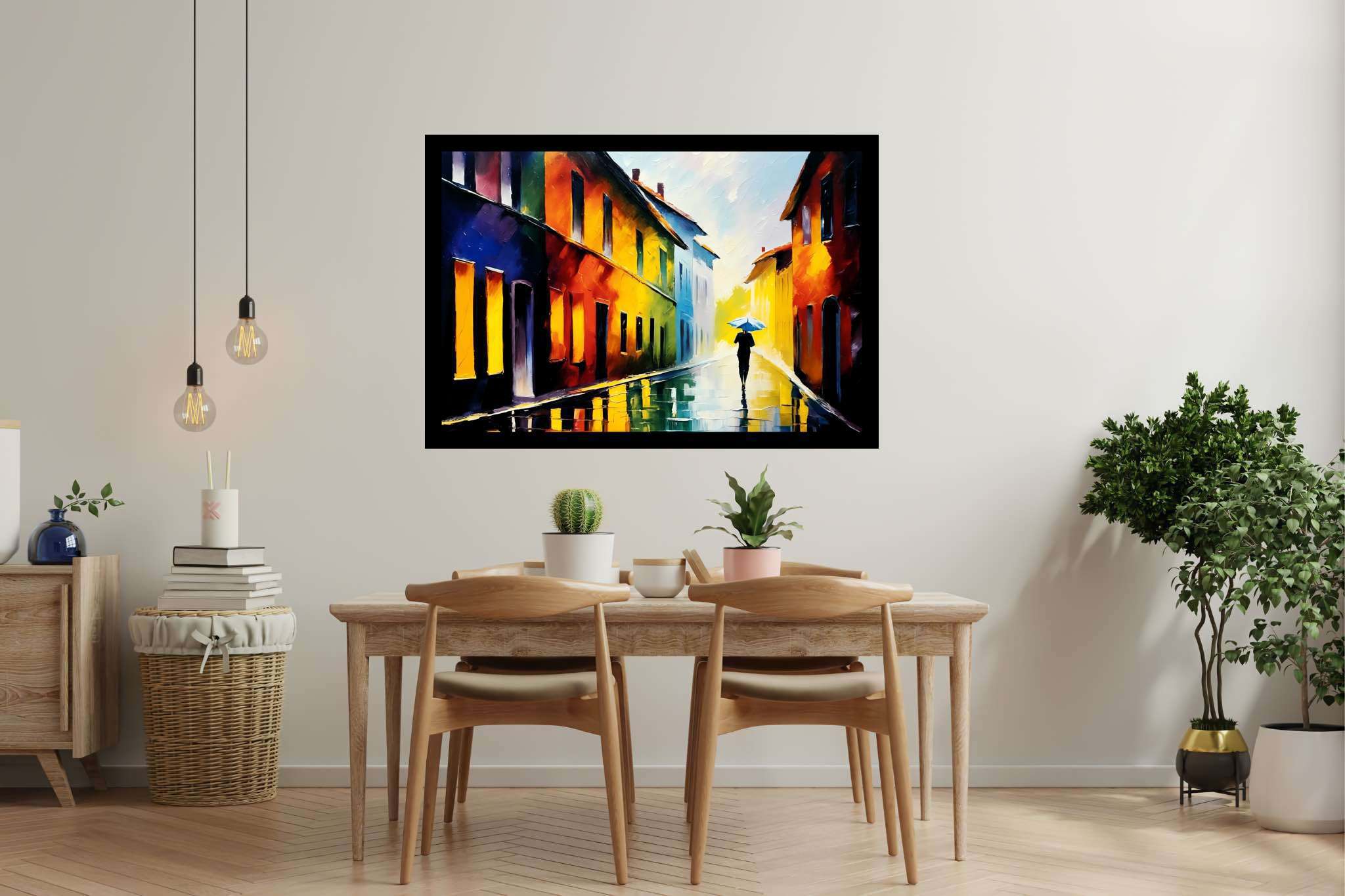 Rain's serenade in chromatic alley: Umbrella art with umbrella decor, in a room with minimalist approach, framed art, and trendy home accents. The art can be printed on poster, framed poster, canvas, metal, acrylic or wood, exclusively at WallArtZen. Find this exact print at https://wallartzen.com/waz15