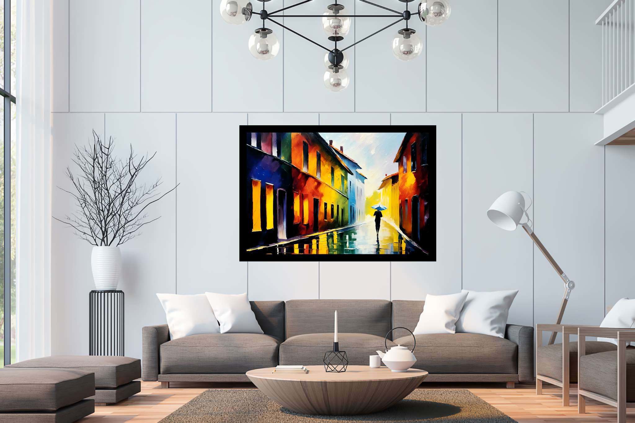 Rain's serenade in chromatic alley: Umbrella art with umbrella decor, in a room with urban design, canvas prints, and home furnishings. The art can be printed on poster, framed poster, canvas, metal, acrylic or wood, exclusively at WallArtZen. Find this exact print at https://wallartzen.com/waz15