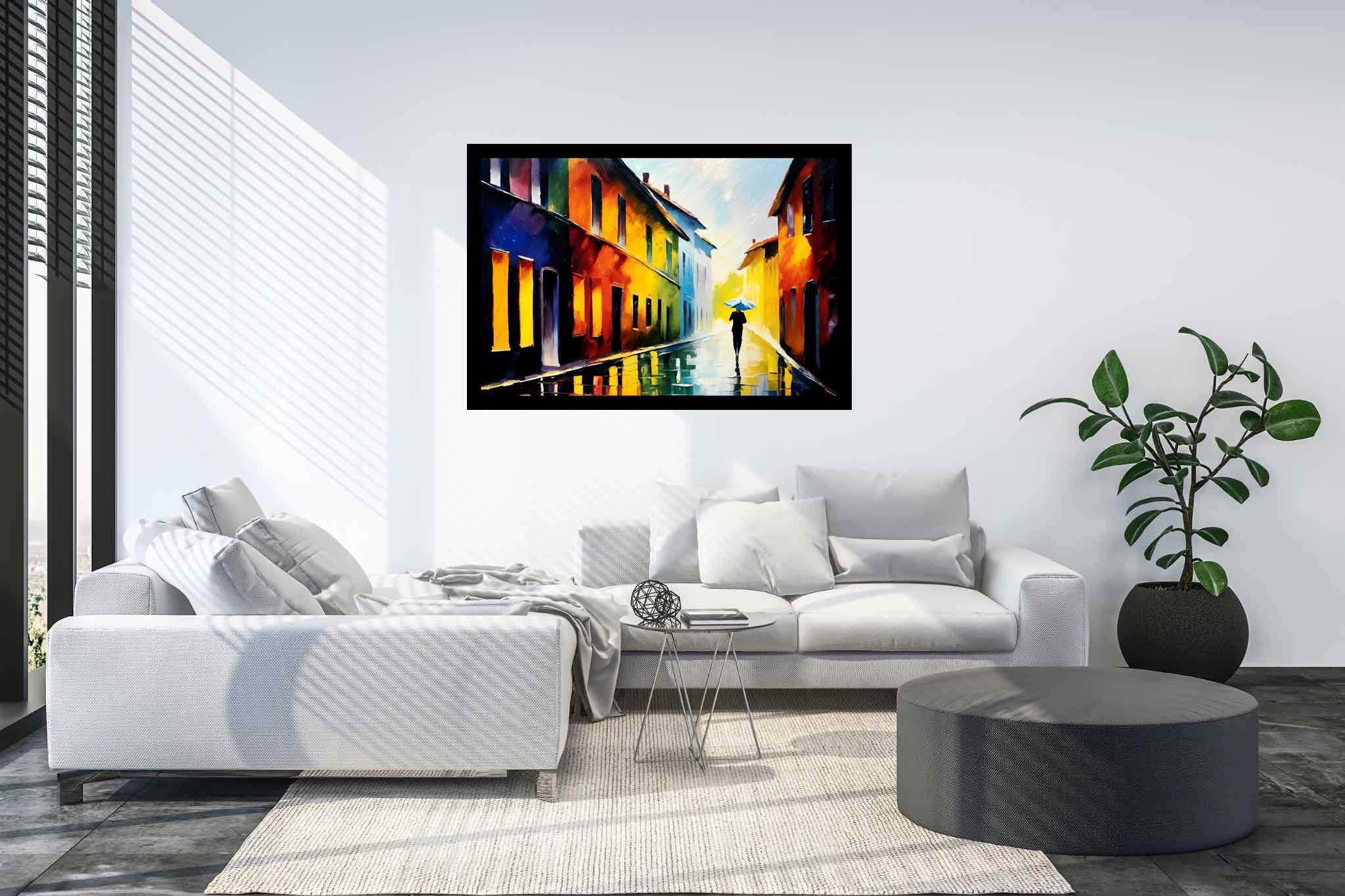 Rain's serenade in chromatic alley: Umbrella art with umbrella installation, in a room with contemporary flair, mural artworks, and luxe decor. The art can be printed on poster, framed poster, canvas, metal, acrylic or wood, exclusively at WallArtZen. Find this exact print at https://wallartzen.com/waz15
