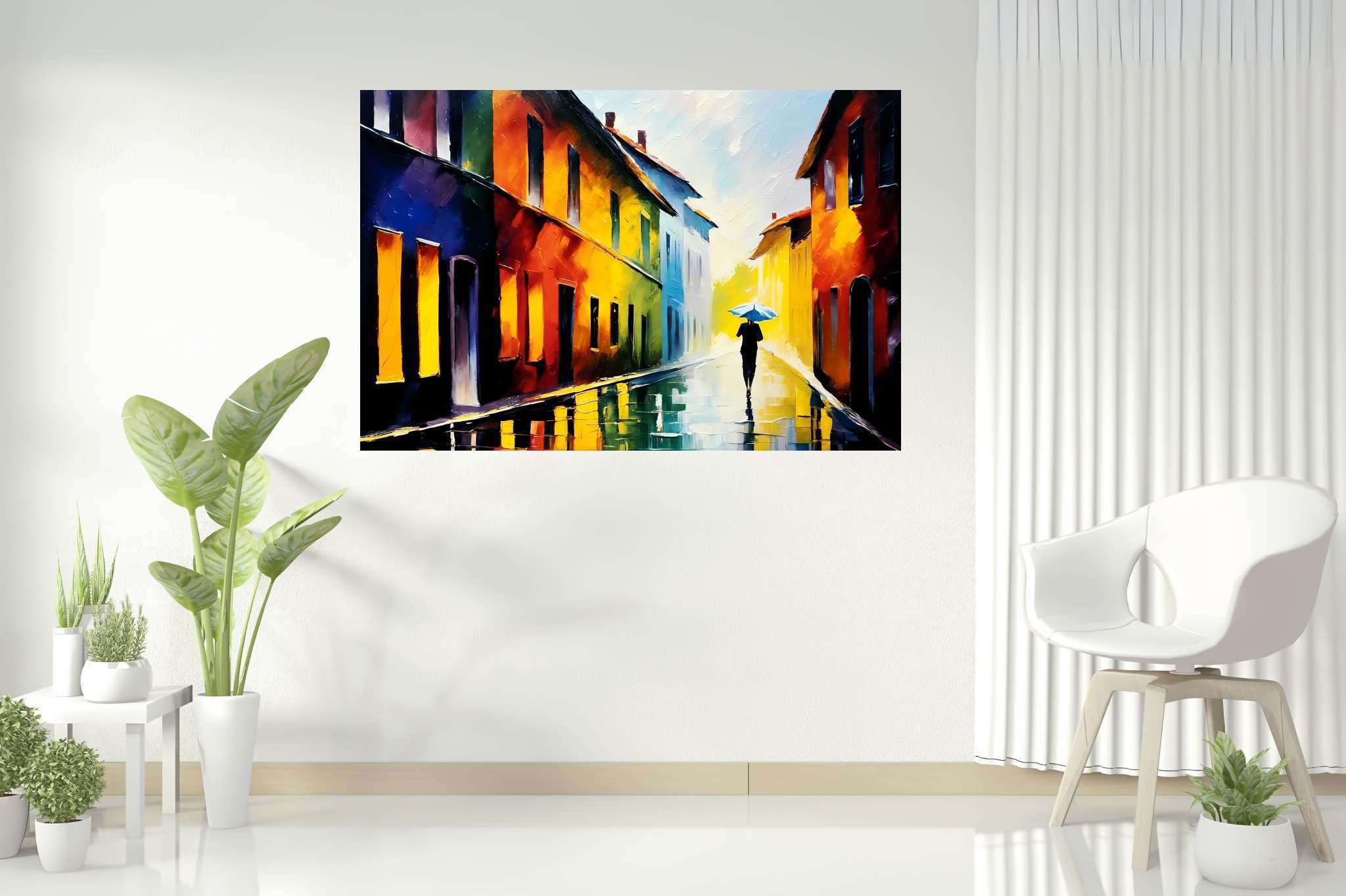 Rain's serenade in chromatic alley: Umbrella art with umbrella prints, in a room with modern style, bespoke art designs, and home styling items. The art can be printed on poster, framed poster, canvas, metal, acrylic or wood, exclusively at WallArtZen. Find this exact print at https://wallartzen.com/waz15