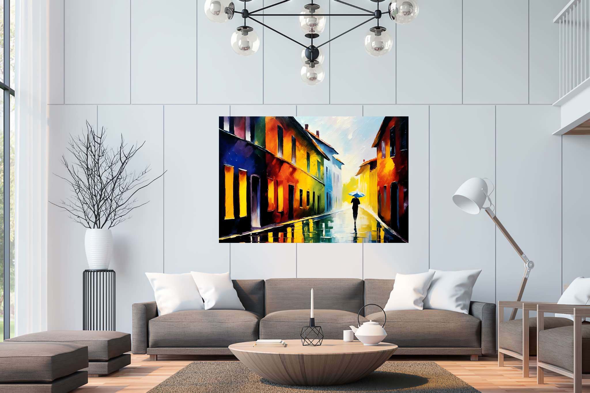 Rain's serenade in chromatic alley: Umbrella art with umbrella prints, in a room with great design, fine art prints, and home styling items. The art can be printed on poster, framed poster, canvas, metal, acrylic or wood, exclusively at WallArtZen. Find this exact print at https://wallartzen.com/waz15