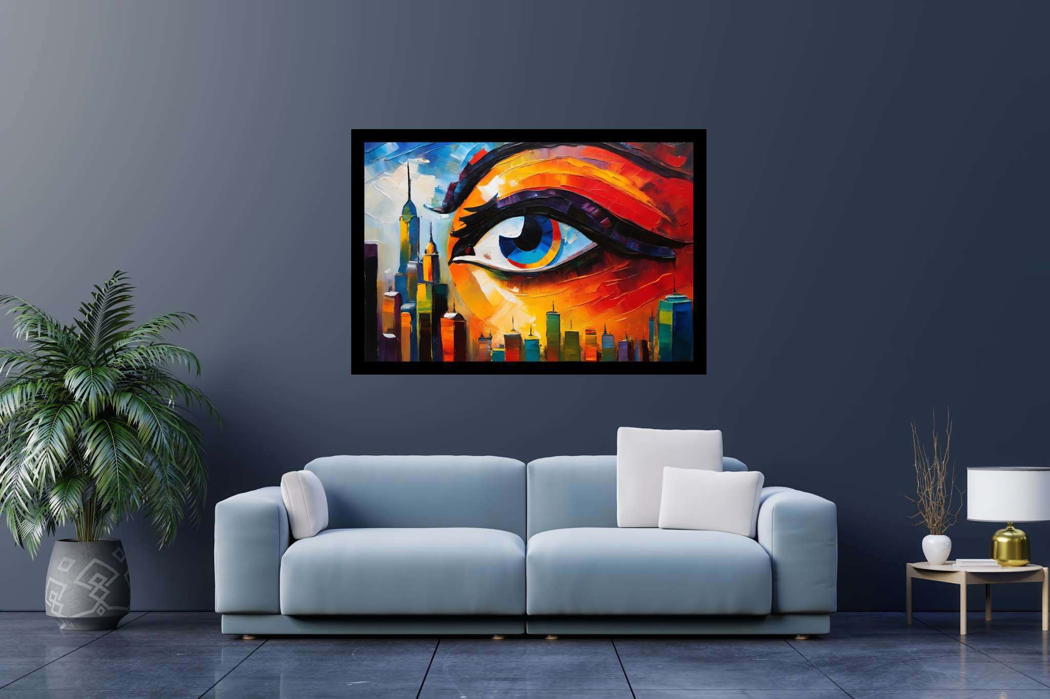 Visionary metropolis mirage: Eye art with abstract eyes, in a room with urban design, fine art prints, and stylish accessories. The art can be printed on poster, framed poster, canvas, metal, acrylic or wood, exclusively at WallArtZen. Find this exact print at https://wallartzen.com/waz160