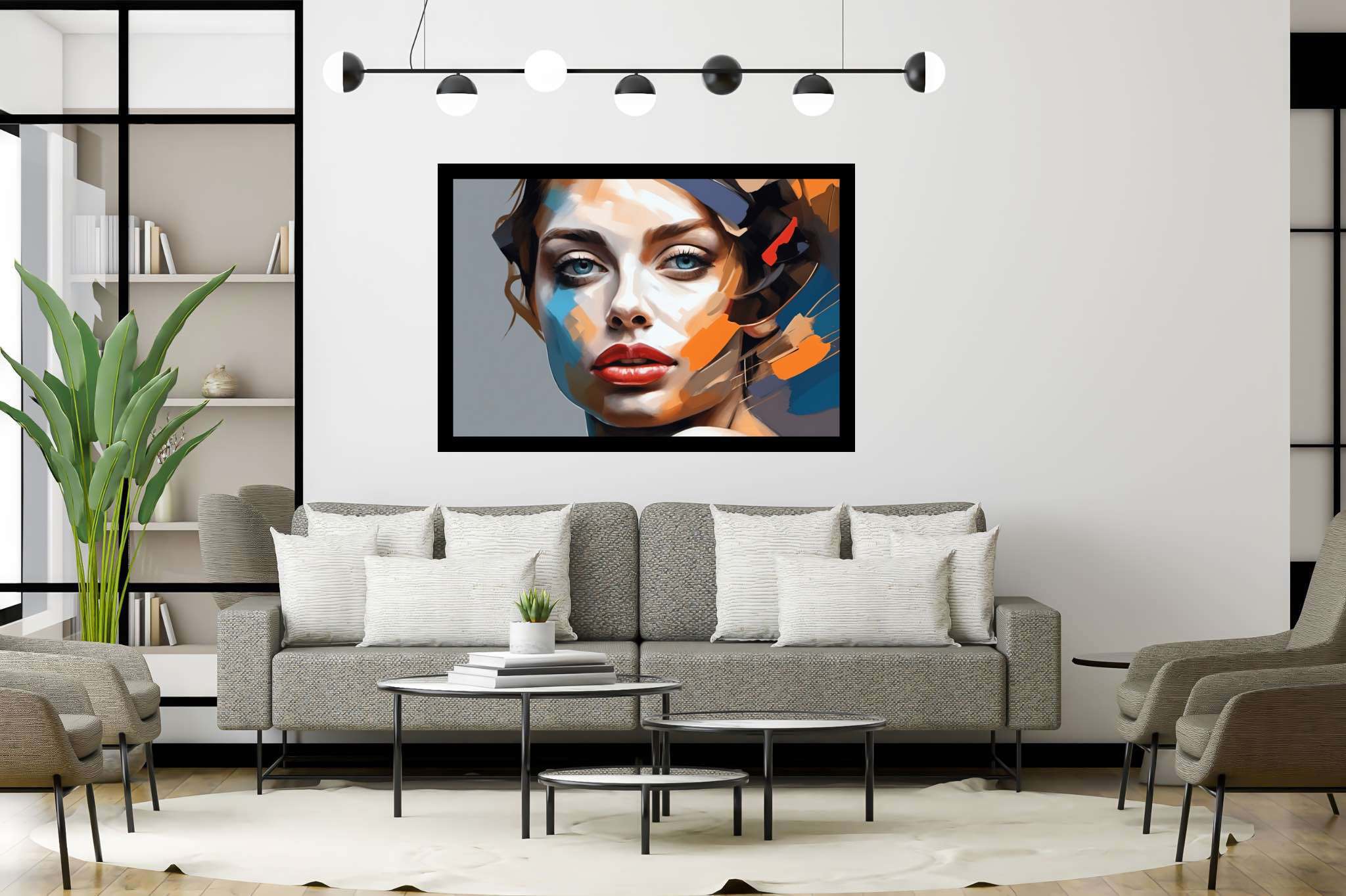 Azure gaze crimson pout: Vibrant woman art with lively woman artwork, in a room with urban design, digital art pieces, and home styling items. The art can be printed on poster, framed poster, canvas, metal, acrylic or wood, exclusively at WallArtZen. Find this exact print at https://wallartzen.com/waz161