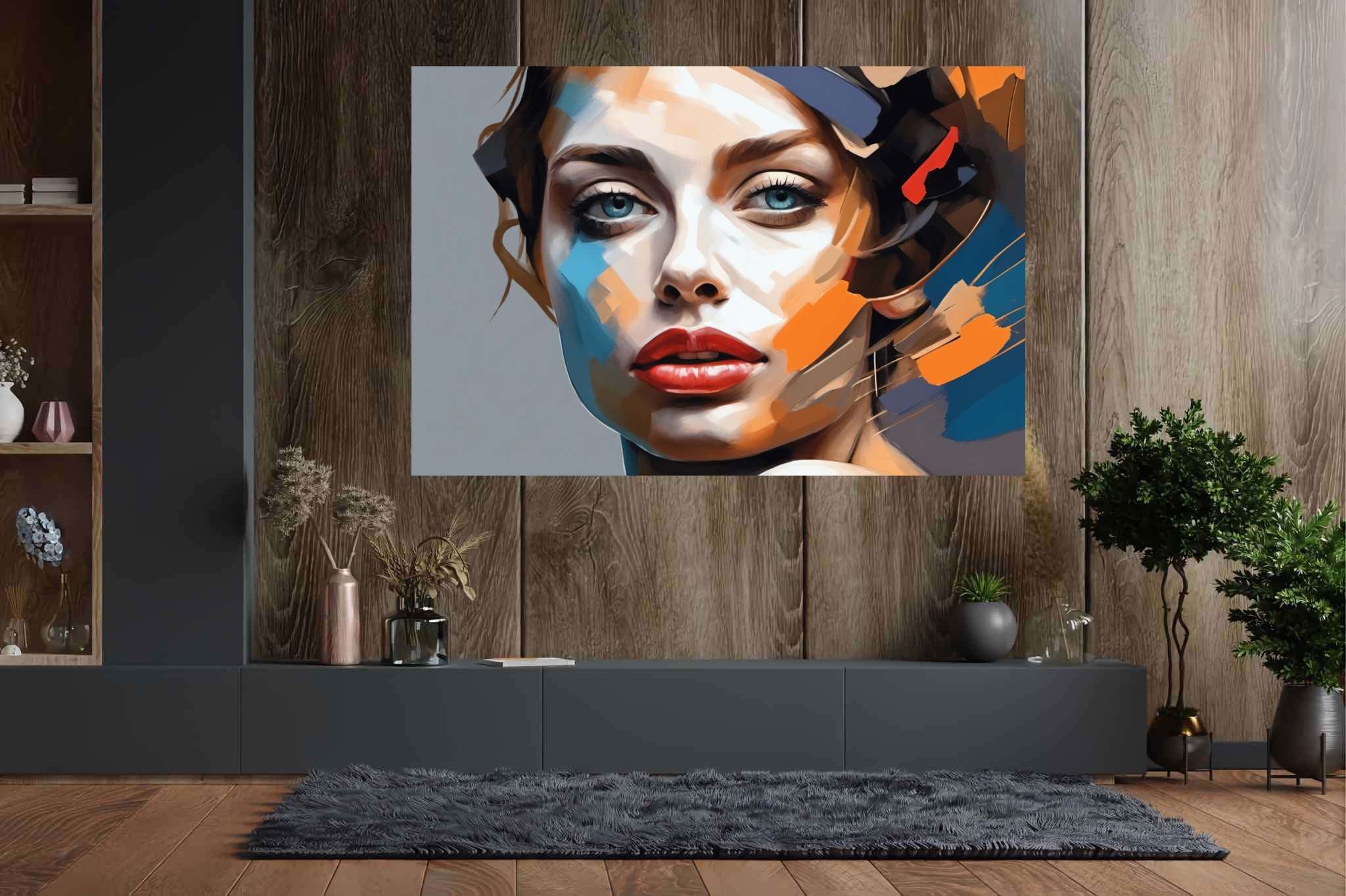 Azure gaze crimson pout: Vibrant woman art with spirited female illustrations, in a room with urban design, bespoke art designs, and designer furniture. The art can be printed on poster, framed poster, canvas, metal, acrylic or wood, exclusively at WallArtZen. Find this exact print at https://wallartzen.com/waz161