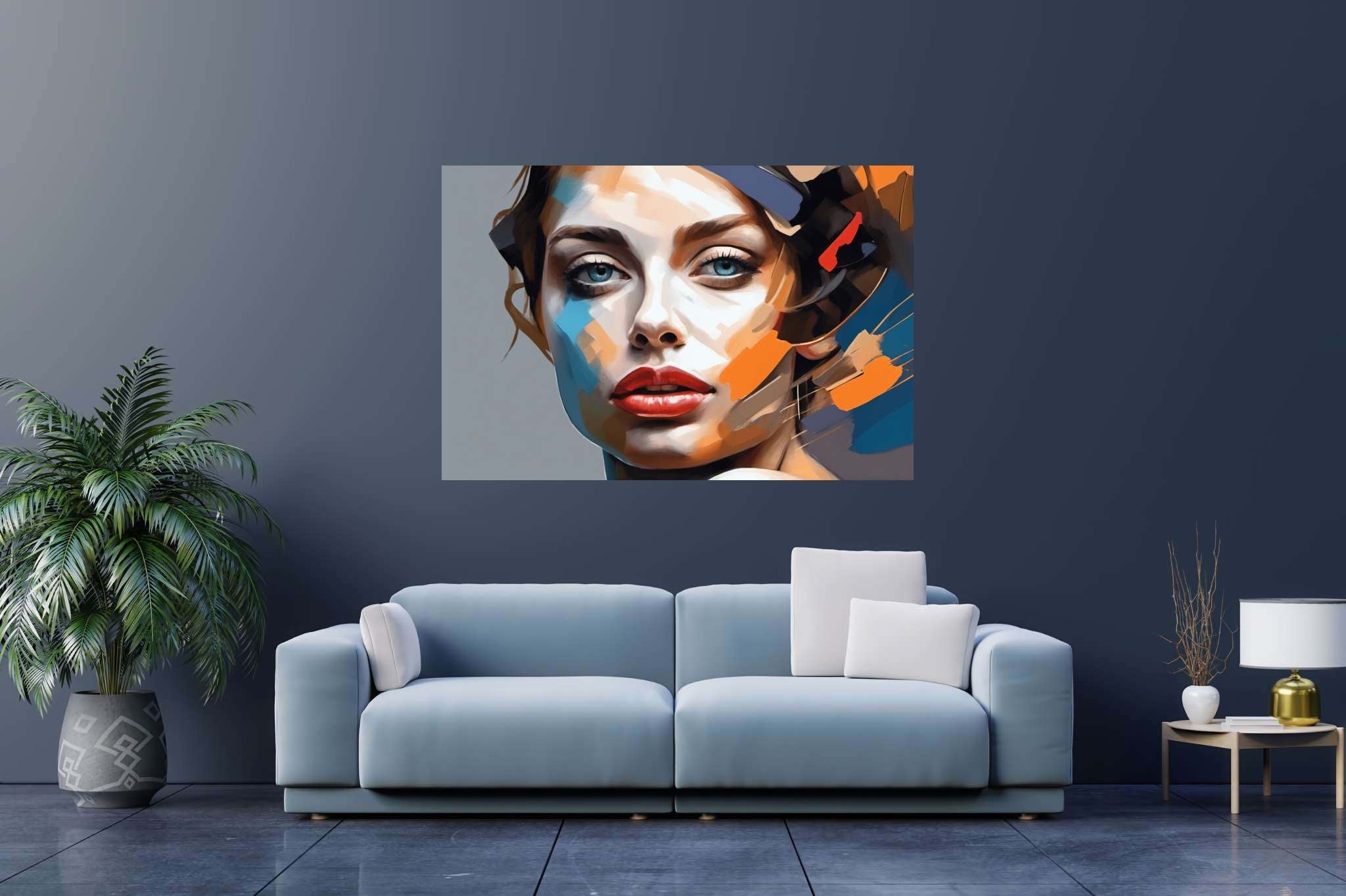 Azure gaze crimson pout: Vibrant woman art with lively woman artwork, in a room with artistic style, framed art, and home furnishings. The art can be printed on poster, framed poster, canvas, metal, acrylic or wood, exclusively at WallArtZen. Find this exact print at https://wallartzen.com/waz161