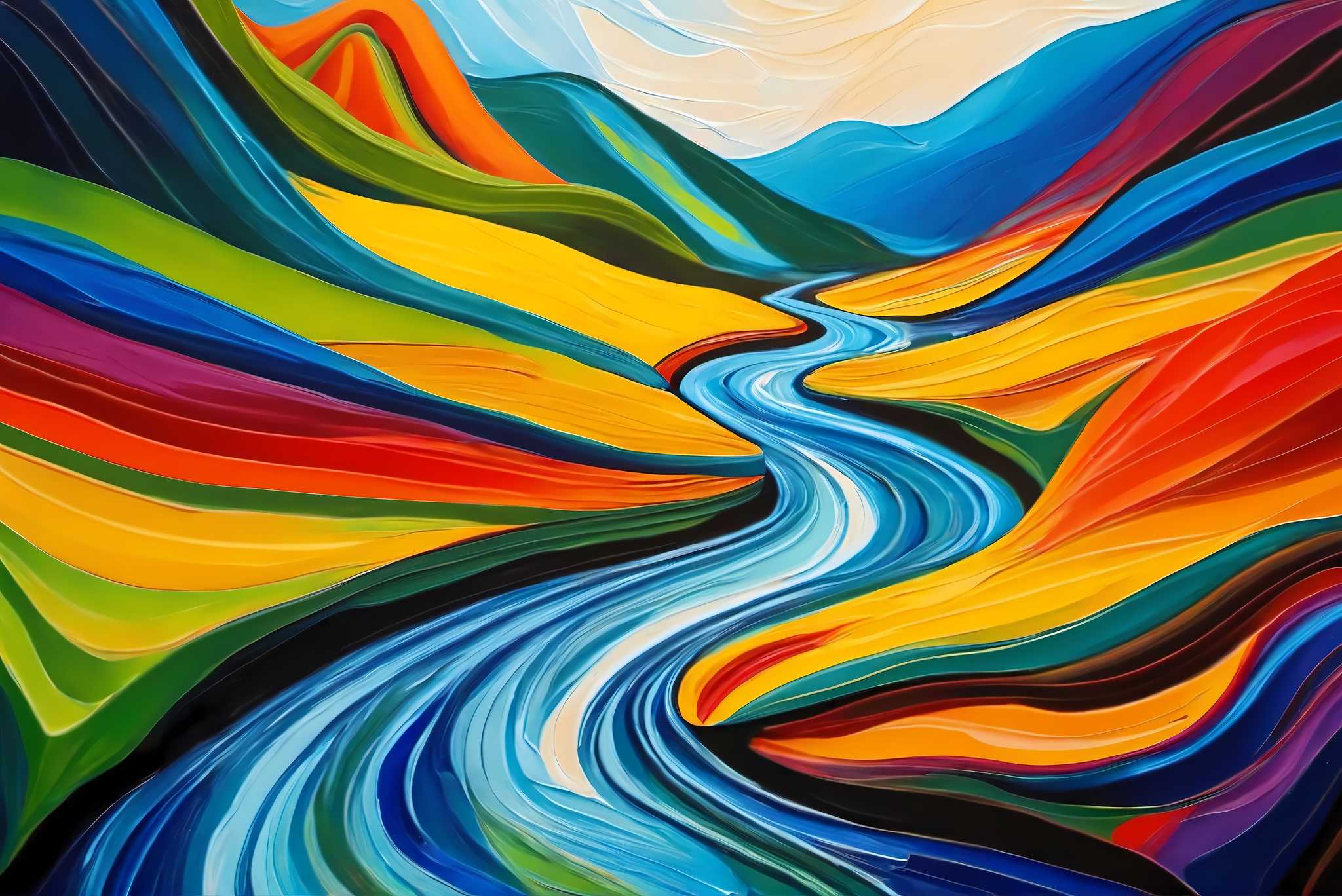 River's embrace in verdant majesty: Vibrant landscape art with vibrant outdoor scenery, in a room with classic elegance, wall hangings, and home furnishings. The art can be printed on poster, framed poster, canvas, metal, acrylic or wood, exclusively at WallArtZen. Find this exact print at https://wallartzen.com/waz162