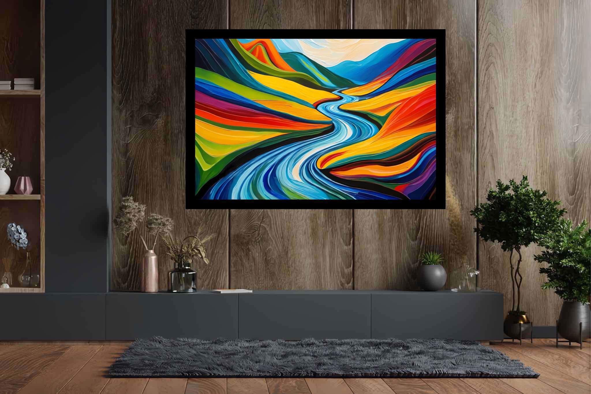 River's embrace in verdant majesty: Vibrant landscape art with vibrant nature-inspired artwork, in a room with urban design, fine art prints, and luxe decor. The art can be printed on poster, framed poster, canvas, metal, acrylic or wood, exclusively at WallArtZen. Find this exact print at https://wallartzen.com/waz162