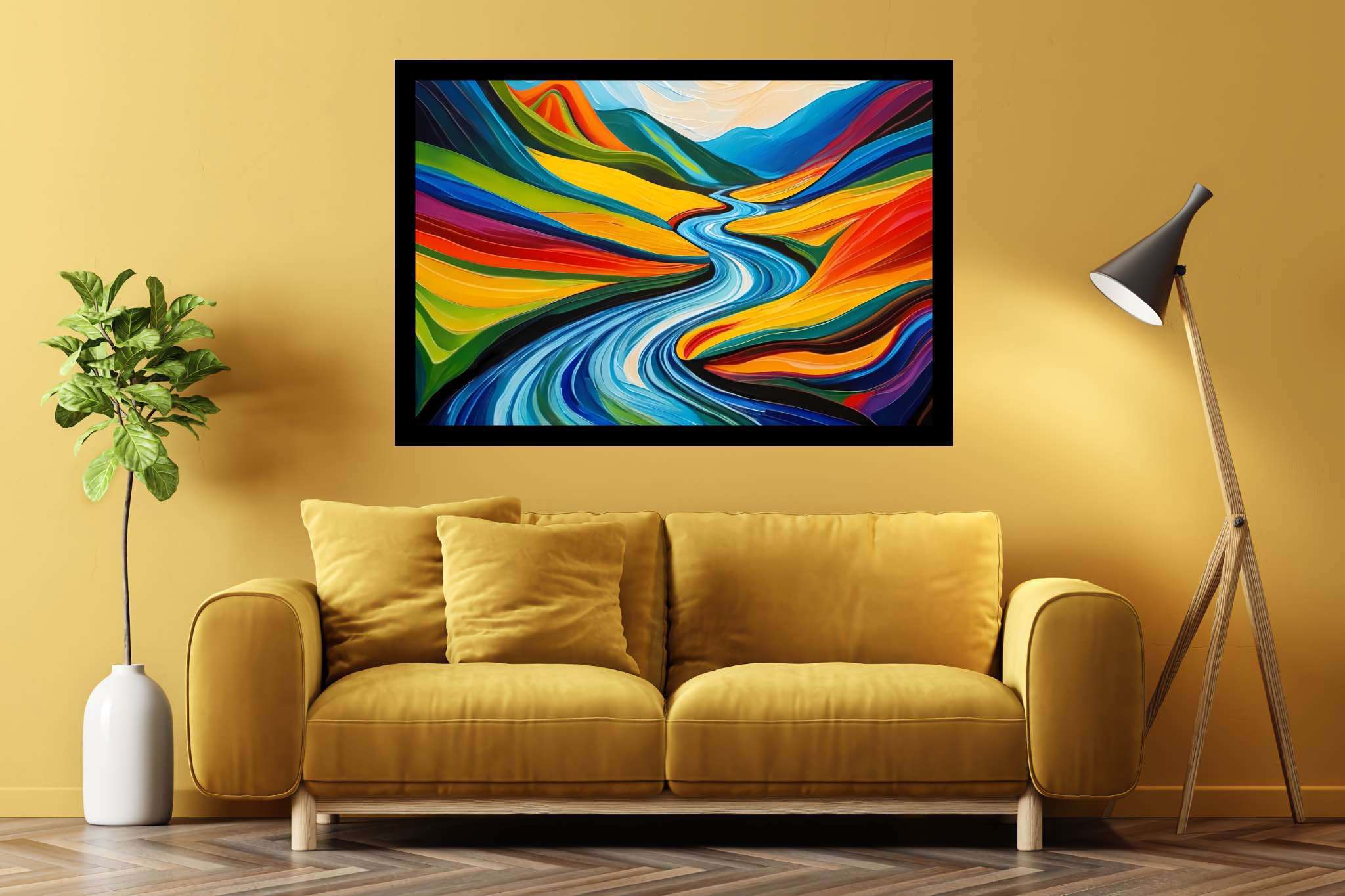 River's embrace in verdant majesty: Vibrant landscape art with awe-inspiring scenery, in a room with contemporary flair, wall art, and designer furniture. The art can be printed on poster, framed poster, canvas, metal, acrylic or wood, exclusively at WallArtZen. Find this exact print at https://wallartzen.com/waz162