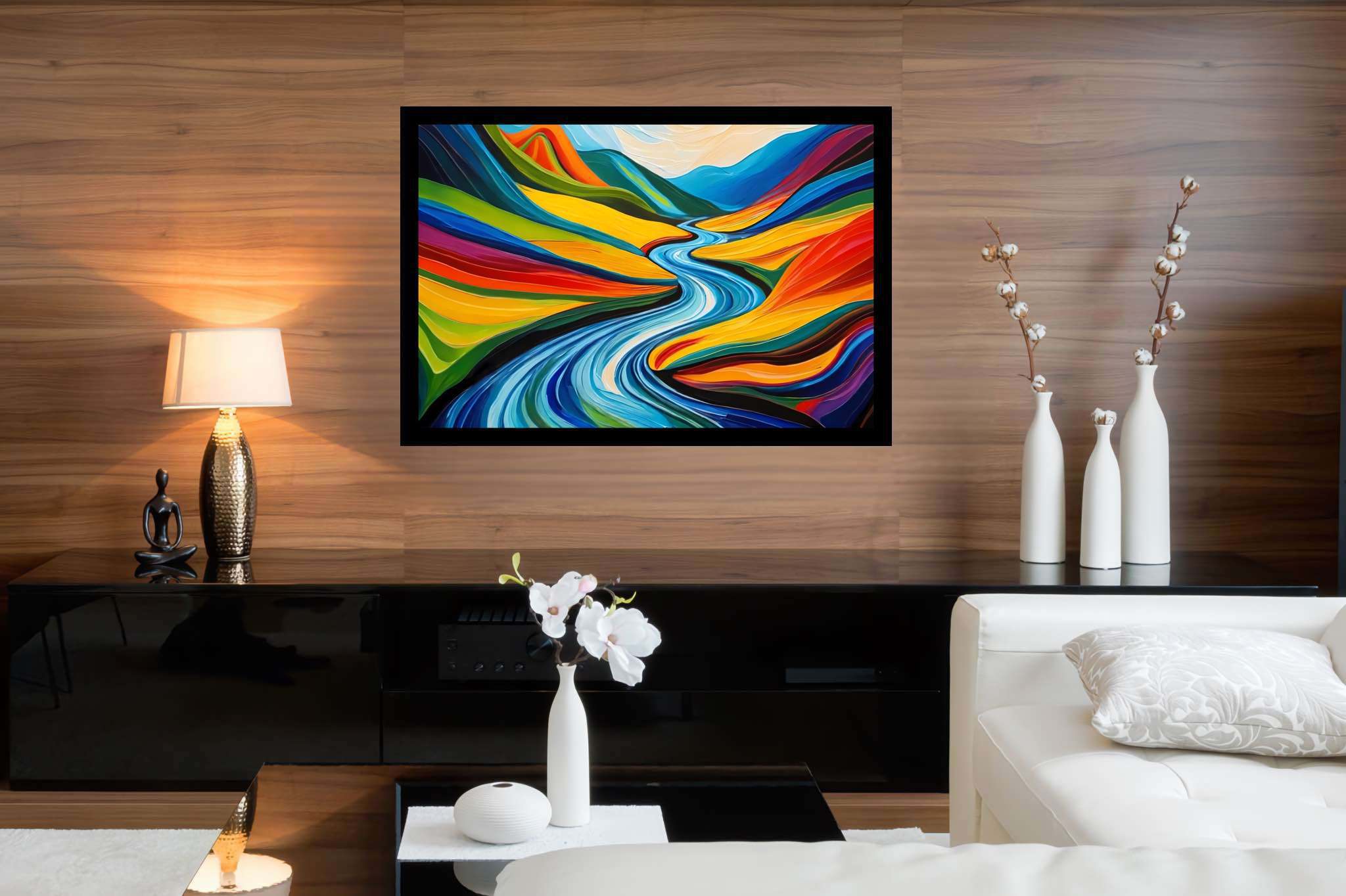 River's embrace in verdant majesty: Vibrant landscape art with colorful nature painting, in a room with contemporary flair, bespoke art designs, and luxe decor. The art can be printed on poster, framed poster, canvas, metal, acrylic or wood, exclusively at WallArtZen. Find this exact print at https://wallartzen.com/waz162