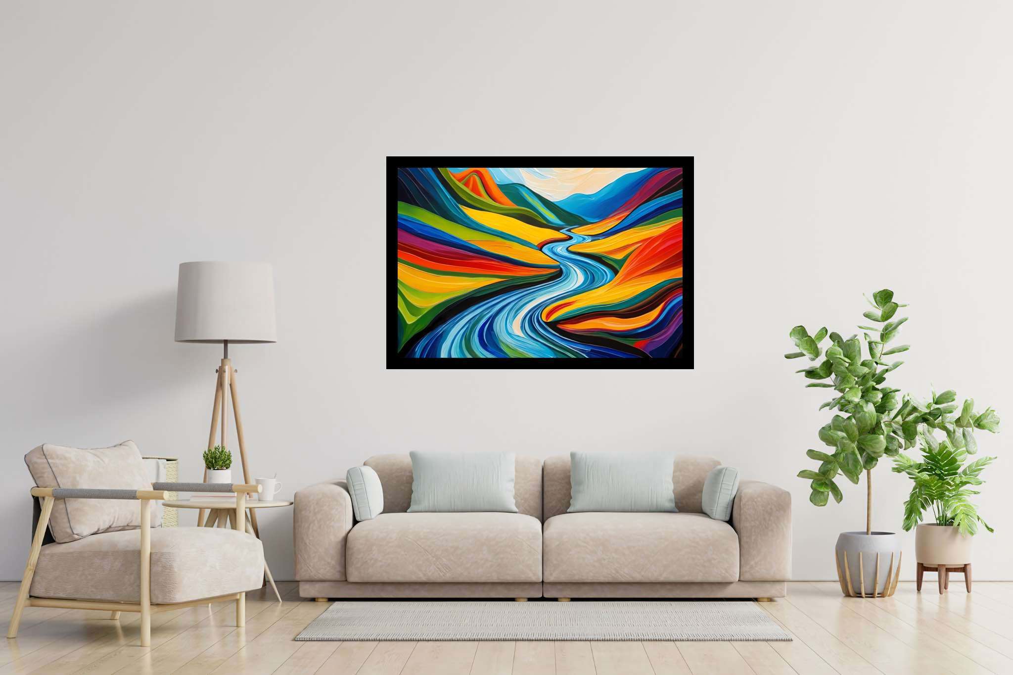 River's embrace in verdant majesty: Vibrant landscape art with energetic nature scene, in a room with chic decor, canvas prints, and home furnishings. The art can be printed on poster, framed poster, canvas, metal, acrylic or wood, exclusively at WallArtZen. Find this exact print at https://wallartzen.com/waz162