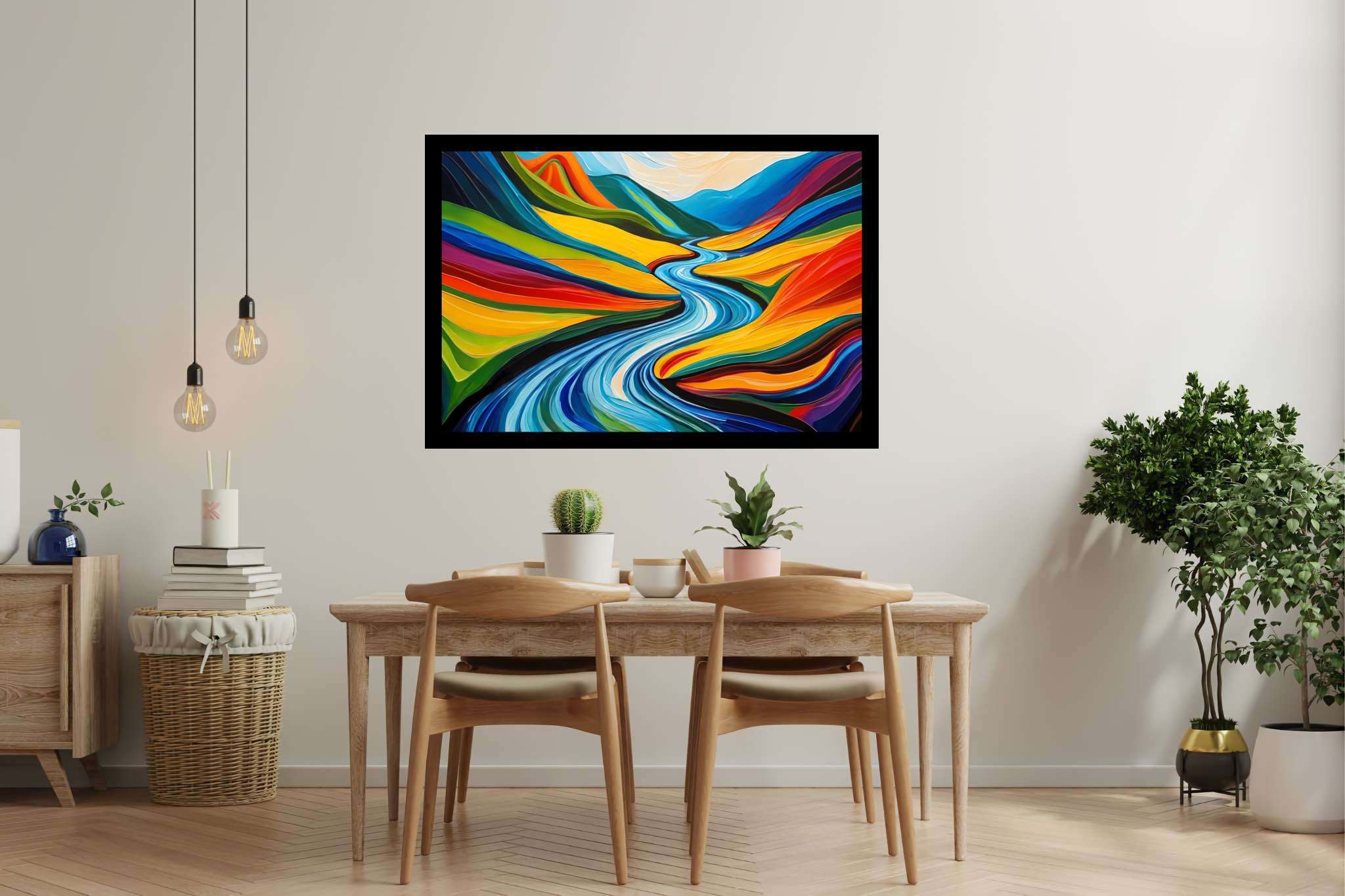 River's embrace in verdant majesty: Vibrant landscape art with vibrant nature-inspired artwork, in a room with minimalist approach, framed art, and artisan decor. The art can be printed on poster, framed poster, canvas, metal, acrylic or wood, exclusively at WallArtZen. Find this exact print at https://wallartzen.com/waz162