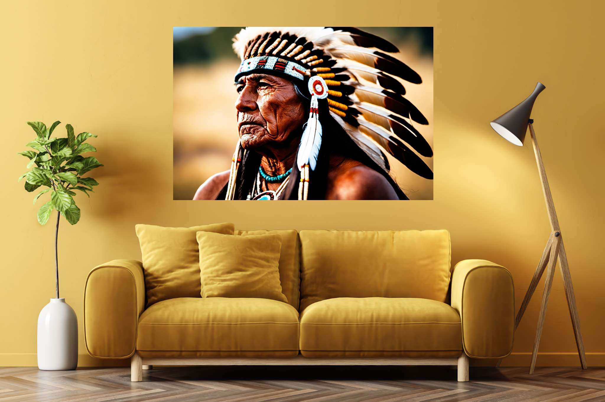 Eagle eye reverie: Native american art with native american symbols, in a room with modern style, gallery-quality artwork, and trendy home accents. The art can be printed on poster, framed poster, canvas, metal, acrylic or wood, exclusively at WallArtZen. Find this exact print at https://wallartzen.com/waz163