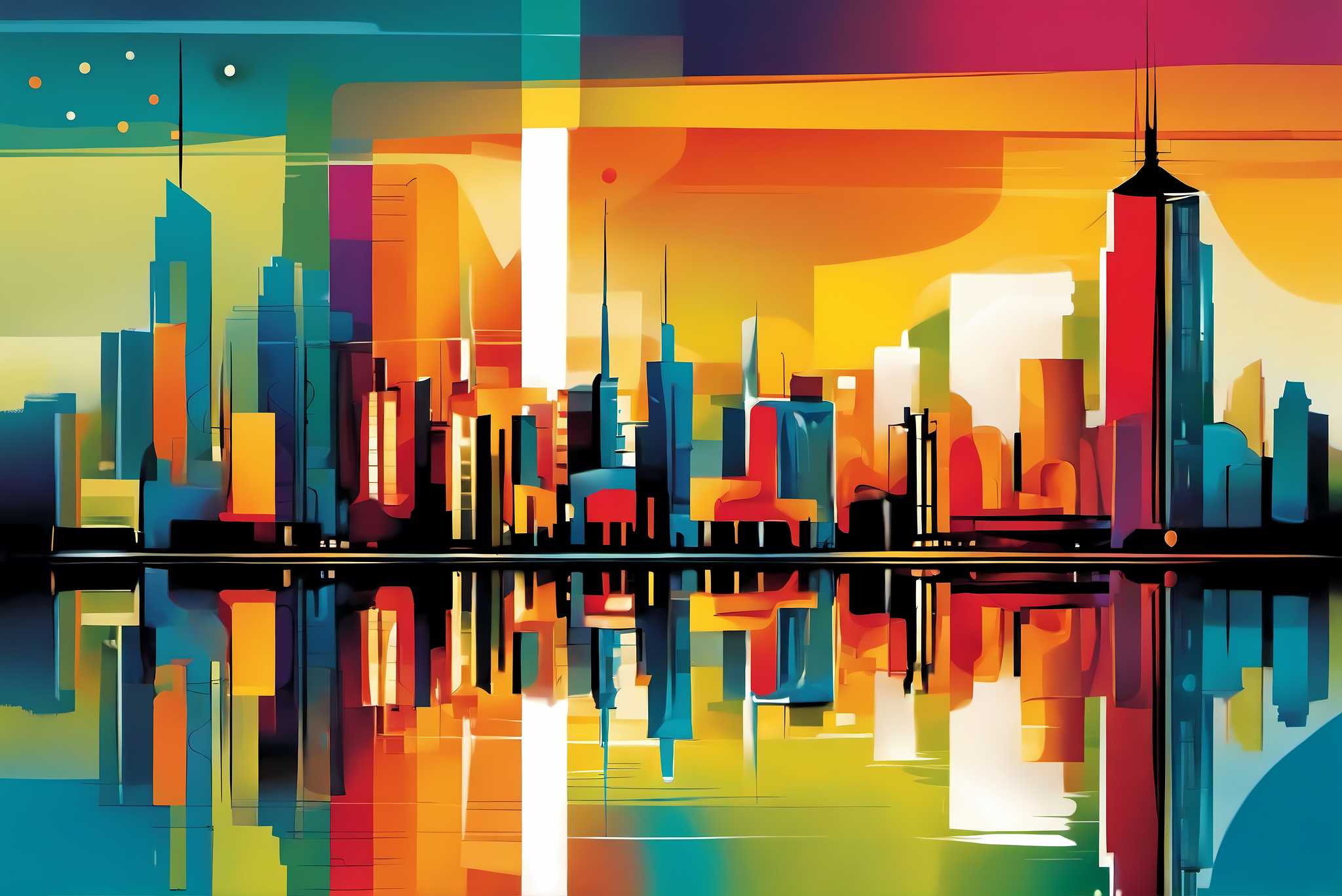 Sunset serenade over metropolis: Vibrant cityscape art with energetic city scenes, in a room with urban design, wall art, and decorative pieces. The art can be printed on poster, framed poster, canvas, metal, acrylic or wood, exclusively at WallArtZen. Find this exact print at https://wallartzen.com/waz164