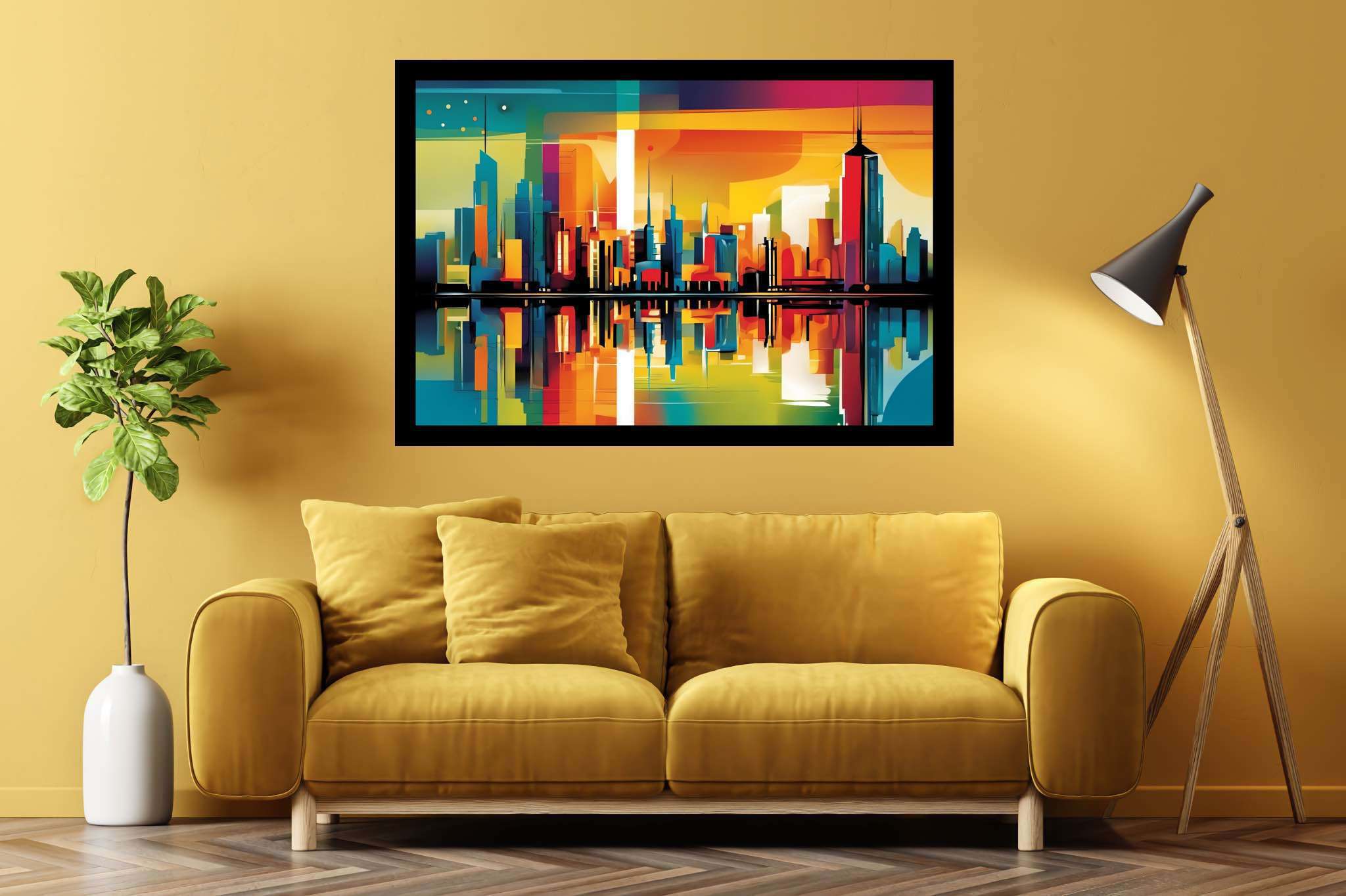 Sunset serenade over metropolis: Vibrant cityscape art with vibrant urban architecture, in a room with urban design, canvas prints, and home furnishings. The art can be printed on poster, framed poster, canvas, metal, acrylic or wood, exclusively at WallArtZen. Find this exact print at https://wallartzen.com/waz164