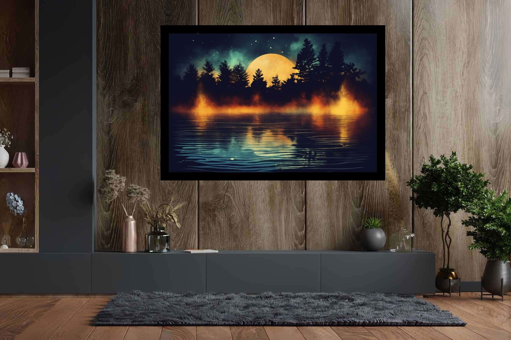 Lunar serenade serenity: Night scene art with shadowy cityscapes, in a room with modern style, digital art pieces, and trendy home accents. The art can be printed on poster, framed poster, canvas, metal, acrylic or wood, exclusively at WallArtZen. Find this exact print at https://wallartzen.com/waz165