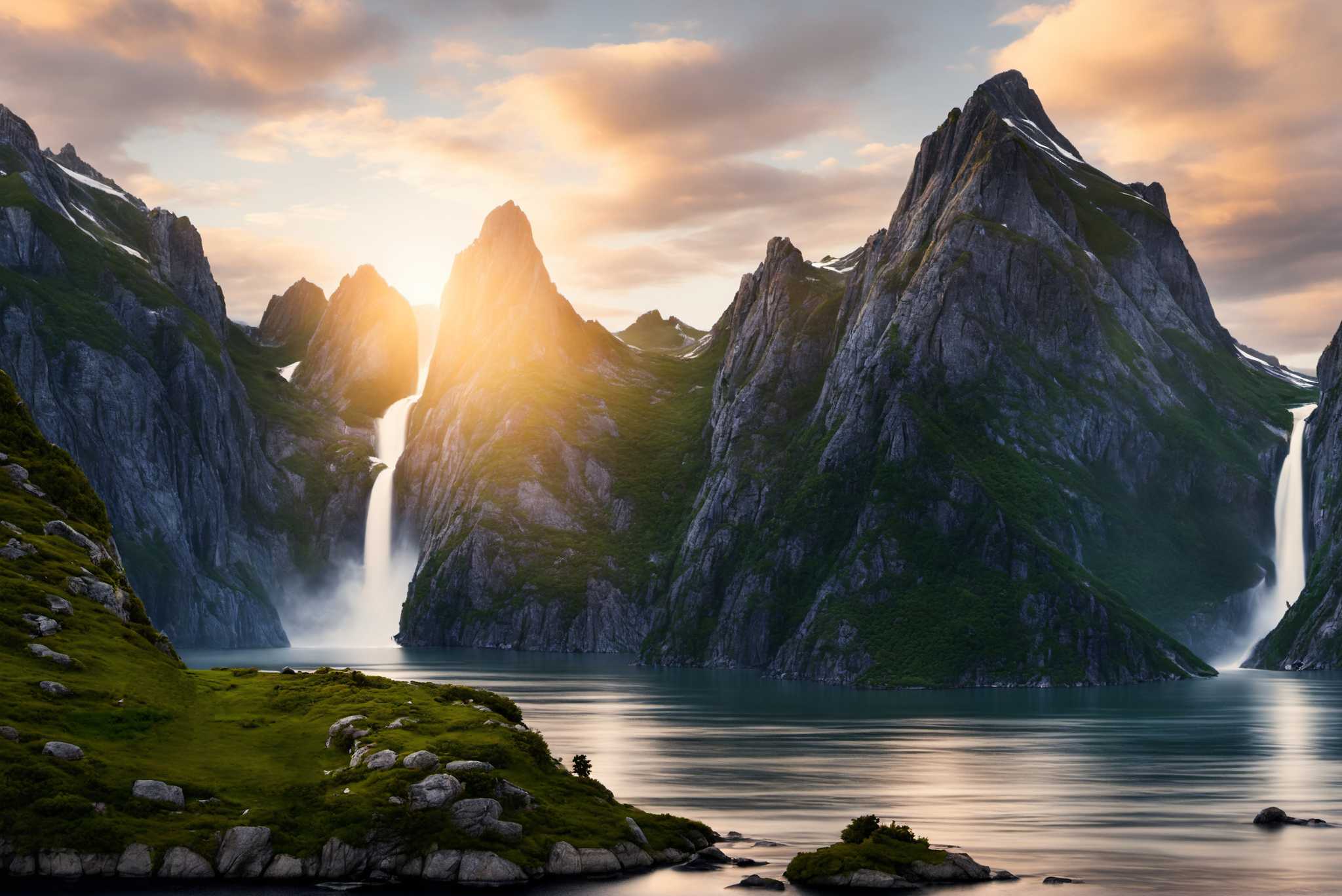 Emerald dawn serenity: Serene landscape art with peaceful scenery, in a room with contemporary flair, wall art, and home styling items. The art can be printed on poster, framed poster, canvas, metal, acrylic or wood, exclusively at WallArtZen. Find this exact print at https://wallartzen.com/waz166