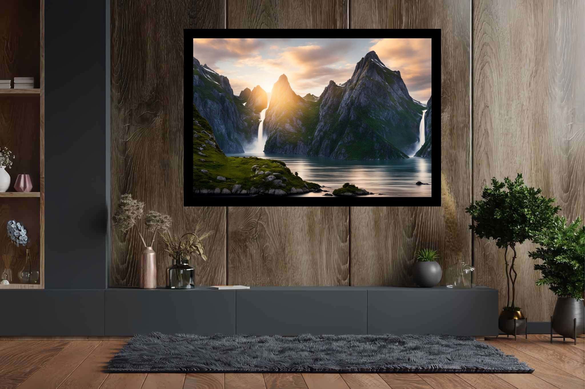 Emerald dawn serenity: Serene landscape art with serene outdoor scenery, in a room with great design, framed art, and designer furniture. The art can be printed on poster, framed poster, canvas, metal, acrylic or wood, exclusively at WallArtZen. Find this exact print at https://wallartzen.com/waz166
