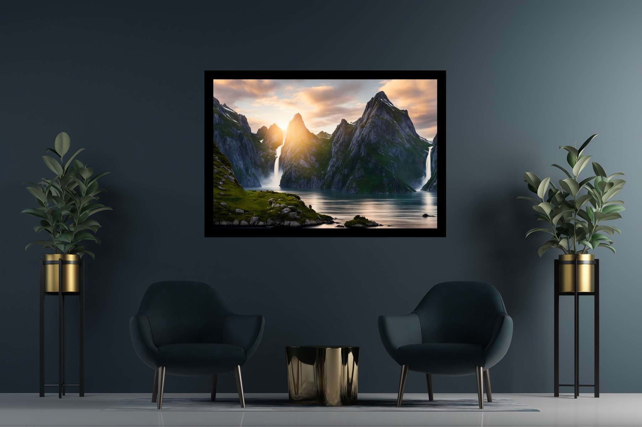 Emerald dawn serenity: Serene landscape art with calming landscape artwork, in a room with artistic style, bespoke art designs, and designer furniture. The art can be printed on poster, framed poster, canvas, metal, acrylic or wood, exclusively at WallArtZen. Find this exact print at https://wallartzen.com/waz166