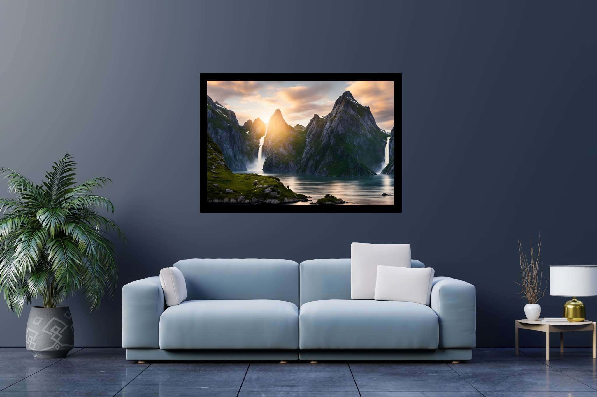 Emerald dawn serenity: Serene landscape art with serene landscape art, in a room with minimalist approach, abstract paintings, and trendy home accents. The art can be printed on poster, framed poster, canvas, metal, acrylic or wood, exclusively at WallArtZen. Find this exact print at https://wallartzen.com/waz166