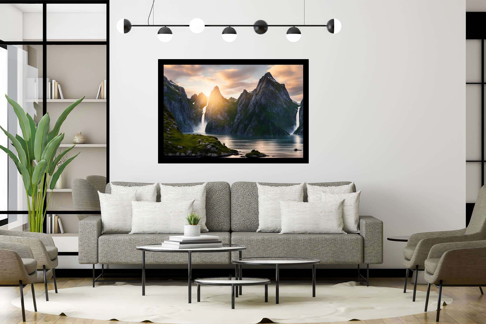 Emerald dawn serenity: Serene landscape art with tranquil landscape art, in a room with innovative layout, photographic wall art, and elegant home goods. The art can be printed on poster, framed poster, canvas, metal, acrylic or wood, exclusively at WallArtZen. Find this exact print at https://wallartzen.com/waz166