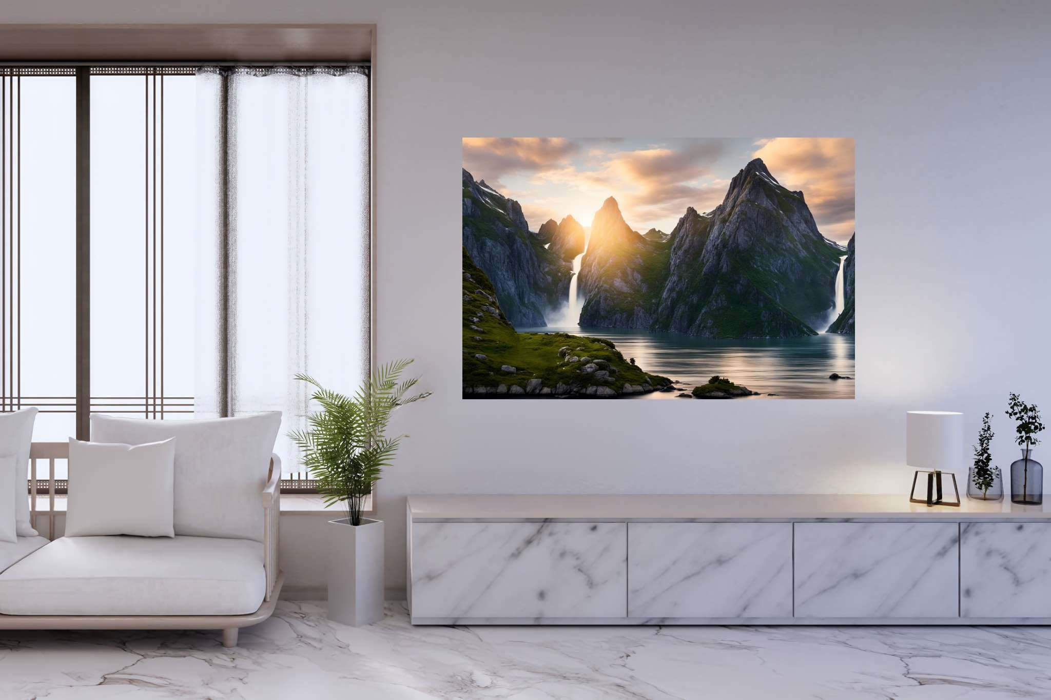 Emerald dawn serenity: Serene landscape art with soothing nature scene, in a room with urban design, framed art, and luxe decor. The art can be printed on poster, framed poster, canvas, metal, acrylic or wood, exclusively at WallArtZen. Find this exact print at https://wallartzen.com/waz166