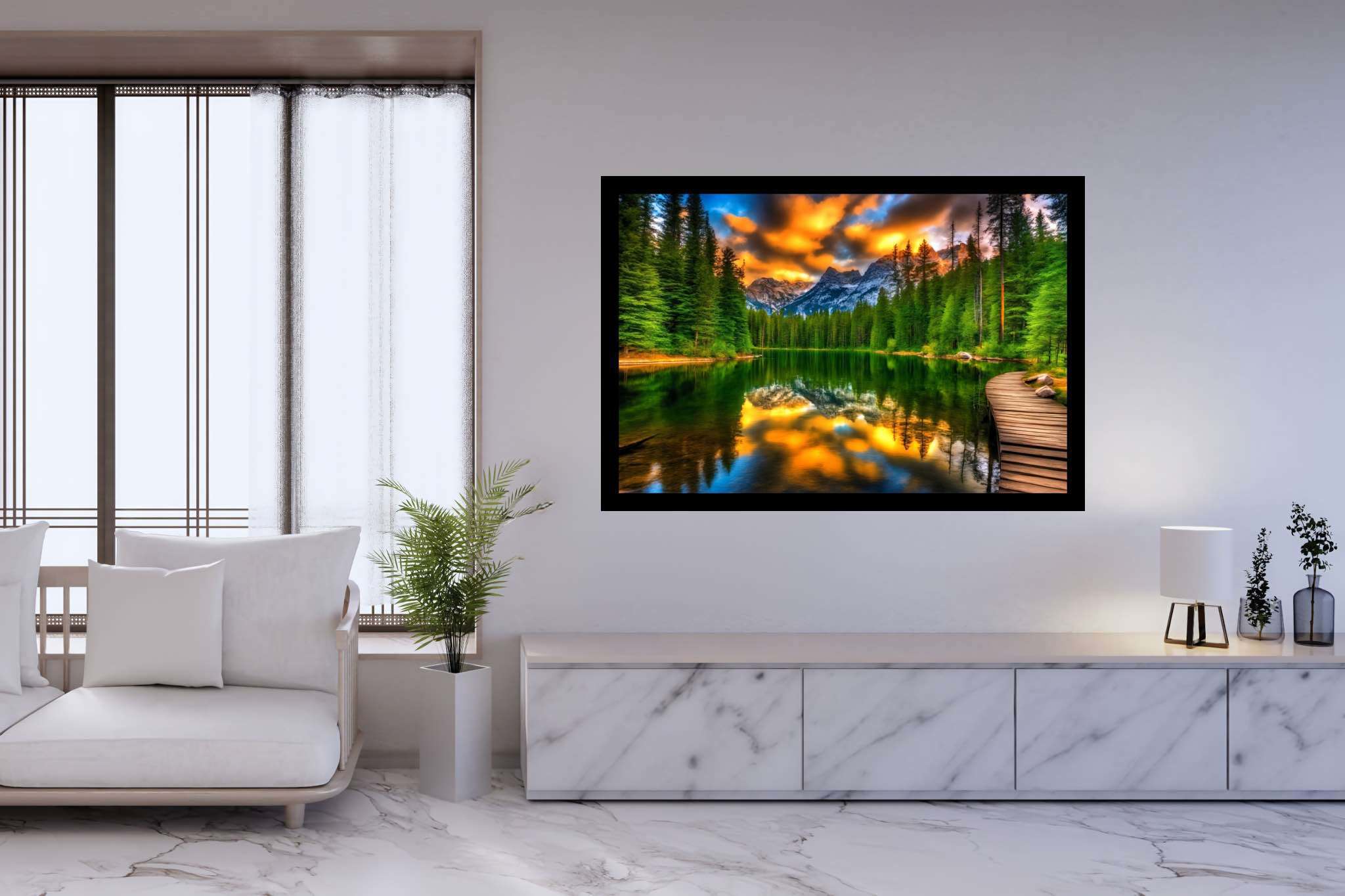 Hush of dusk's embrace: Serene sunset art with serene coastal sunset, in a room with elegant layout, framed art, and artisan decor. The art can be printed on poster, framed poster, canvas, metal, acrylic or wood, exclusively at WallArtZen. Find this exact print at https://wallartzen.com/waz167
