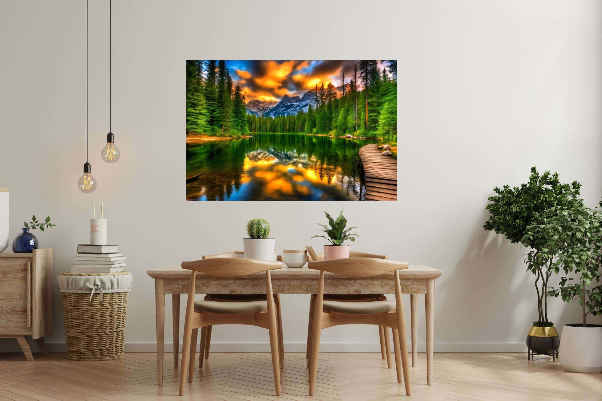 Hush of dusk's embrace: Serene sunset art with serene horizon art, in a room with great design, mural artworks, and artisan decor. The art can be printed on poster, framed poster, canvas, metal, acrylic or wood, exclusively at WallArtZen. Find this exact print at https://wallartzen.com/waz167