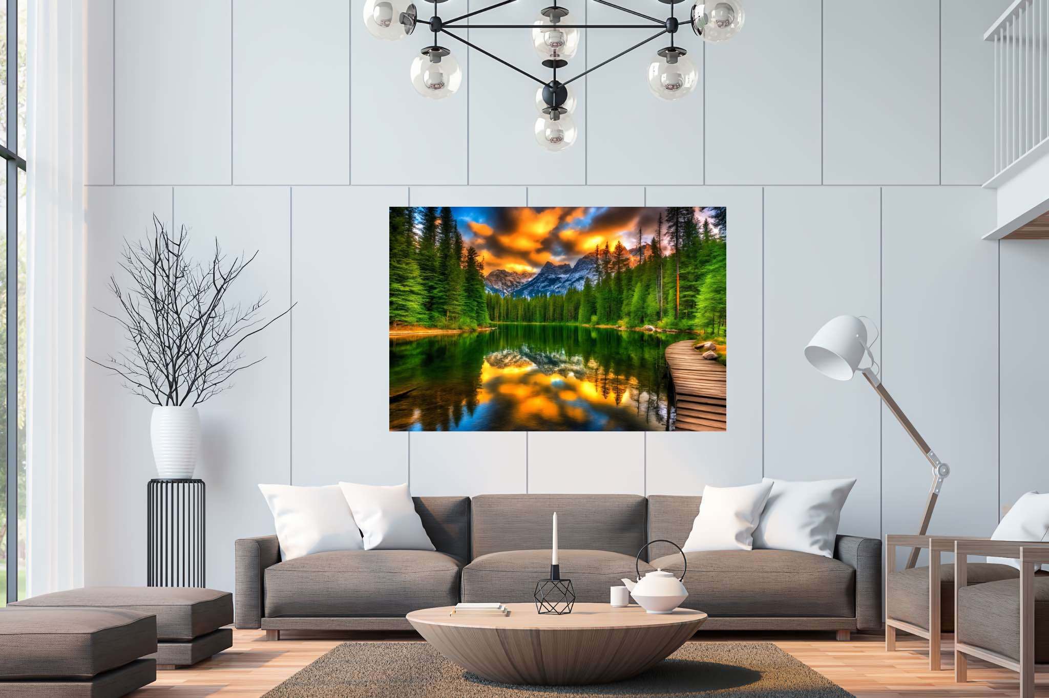 Hush of dusk's embrace: Serene sunset art with peaceful landscape painting, in a room with elegant layout, canvas prints, and designer furniture. The art can be printed on poster, framed poster, canvas, metal, acrylic or wood, exclusively at WallArtZen. Find this exact print at https://wallartzen.com/waz167