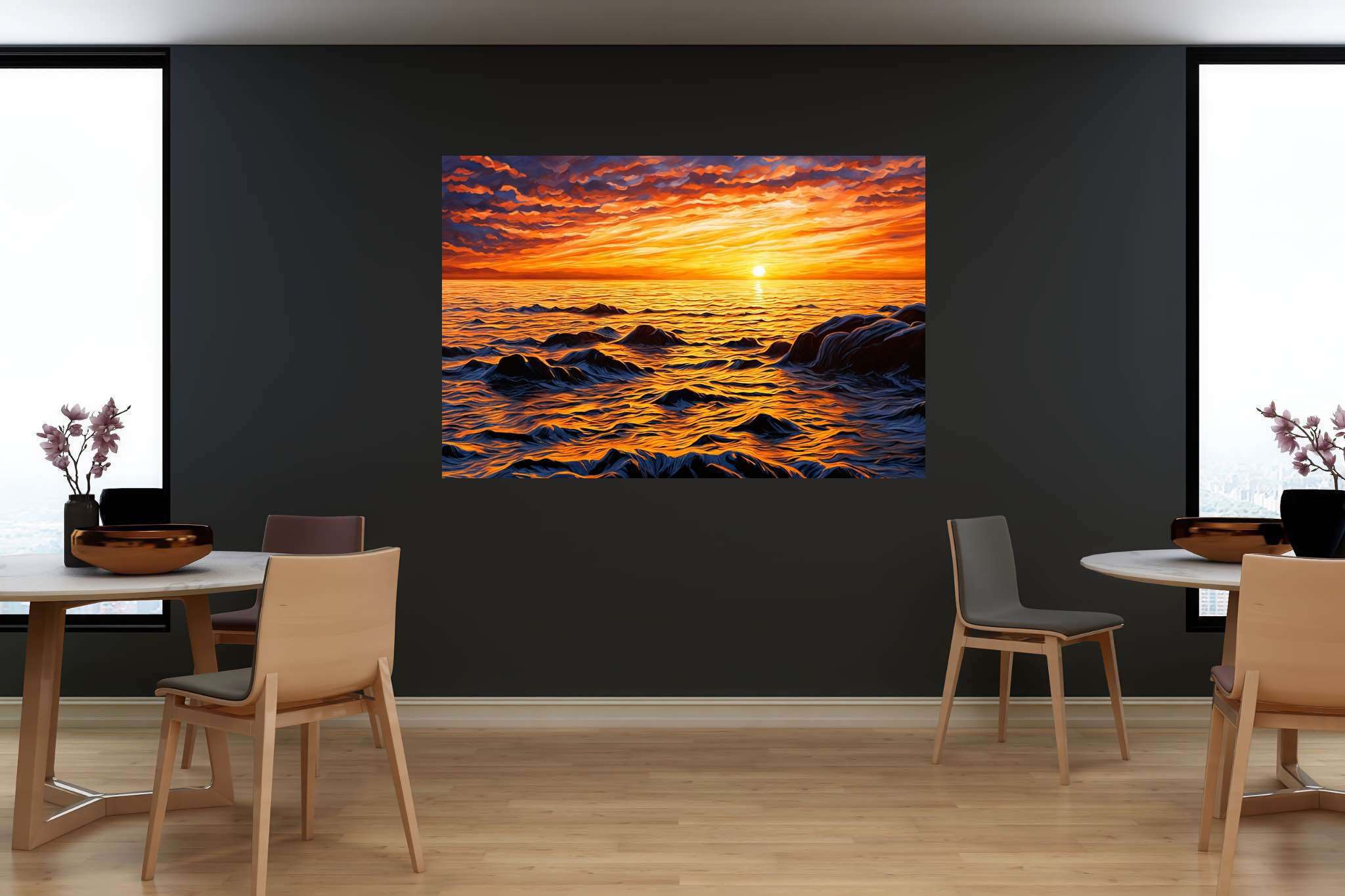 Dusk's tapestry embrace: Sunset art with landscape painting, in a room with artistic style, wall art, and stylish accessories. The art can be printed on poster, framed poster, canvas, metal, acrylic or wood, exclusively at WallArtZen. Find this exact print at https://wallartzen.com/waz168