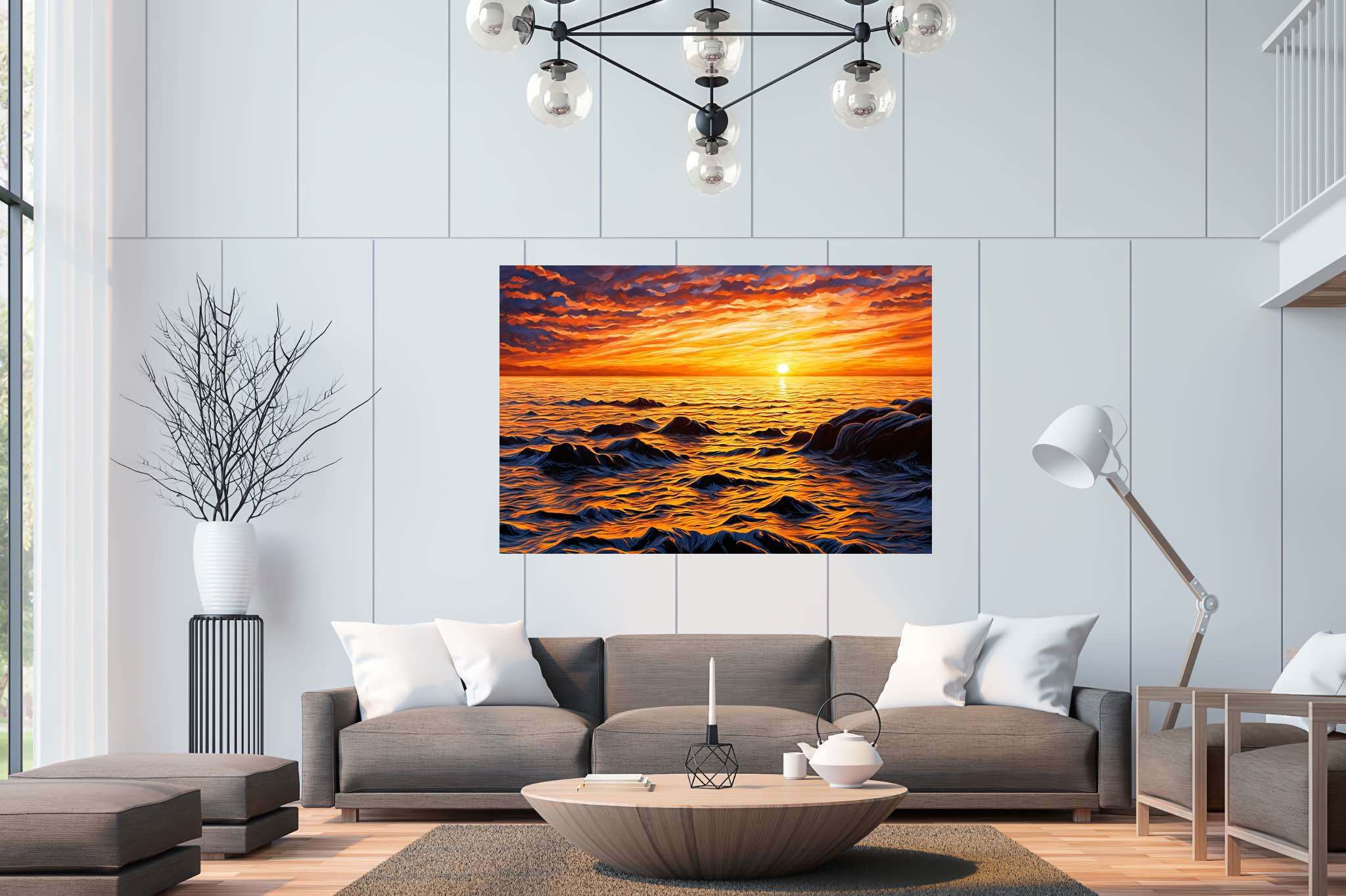 Dusk's tapestry embrace: Sunset art with dreamy ambiance, in a room with chic decor, abstract paintings, and home furnishings. The art can be printed on poster, framed poster, canvas, metal, acrylic or wood, exclusively at WallArtZen. Find this exact print at https://wallartzen.com/waz168
