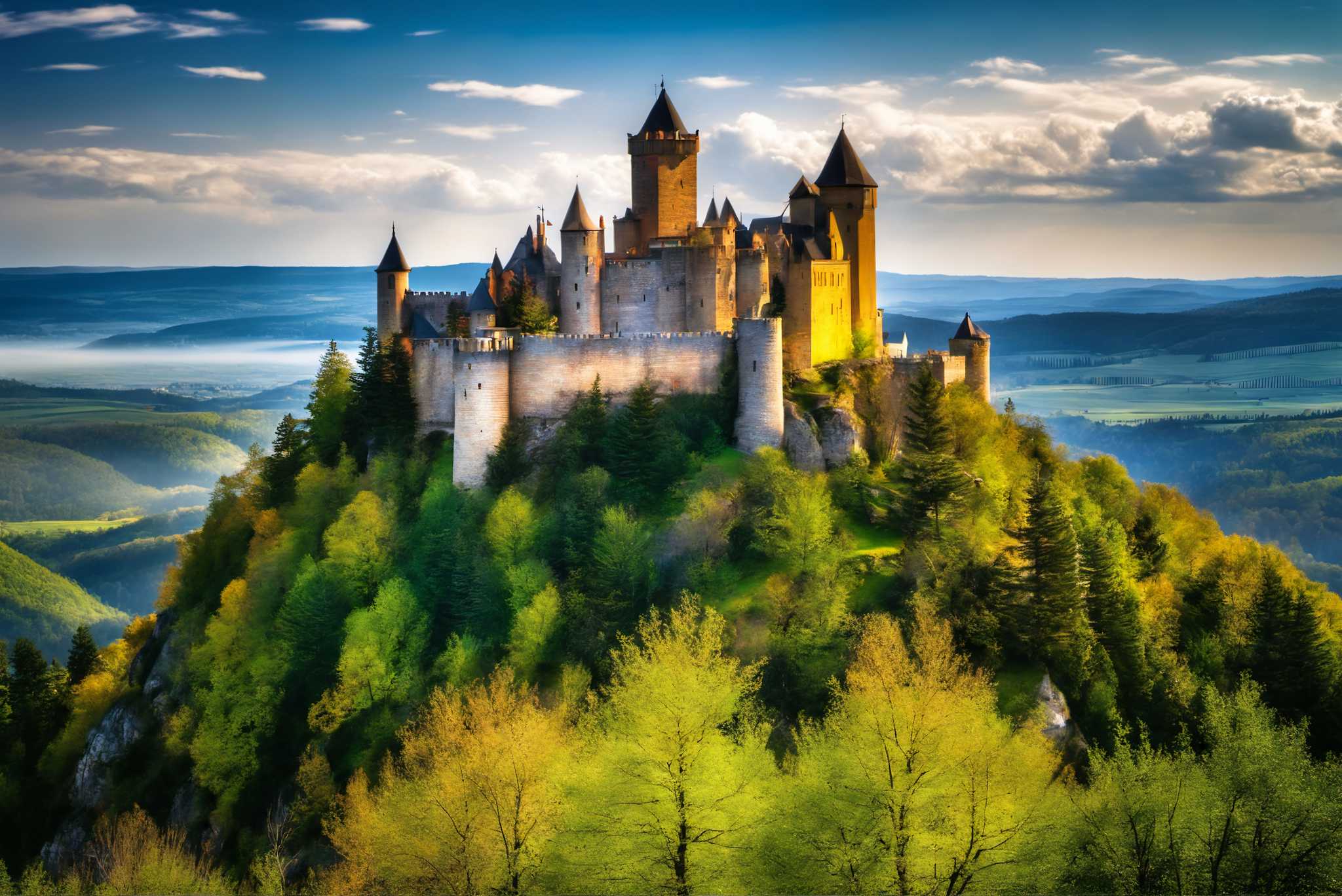 Realm of spires and dreams: Castle art with fantasy art, in a room with innovative layout, framed art, and decorative pieces. The art can be printed on poster, framed poster, canvas, metal, acrylic or wood, exclusively at WallArtZen. Find this exact print at https://wallartzen.com/waz169
