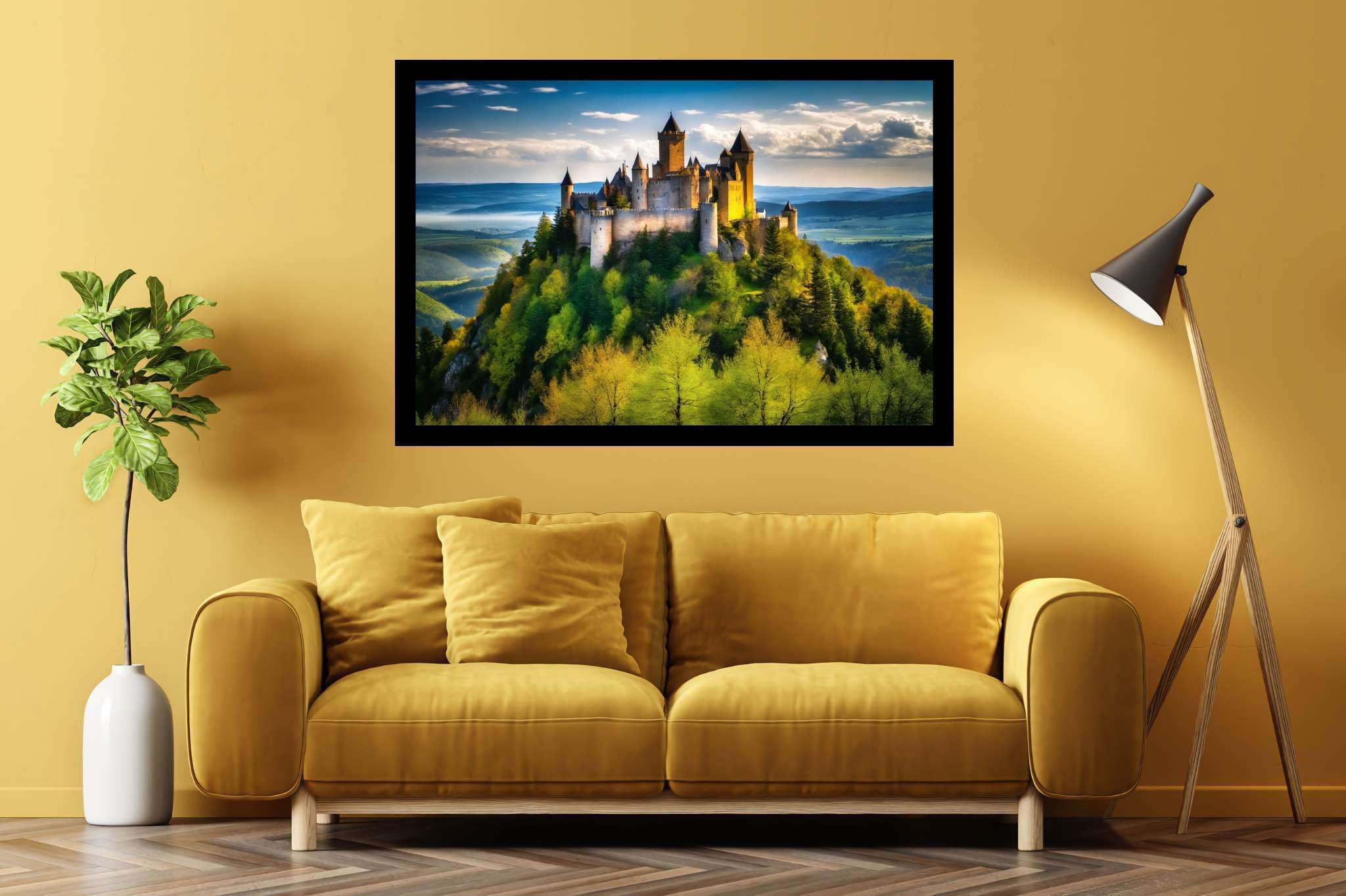 Realm of spires and dreams: Castle art with enchanted castle, in a room with elegant layout, wall hangings, and luxe decor. The art can be printed on poster, framed poster, canvas, metal, acrylic or wood, exclusively at WallArtZen. Find this exact print at https://wallartzen.com/waz169
