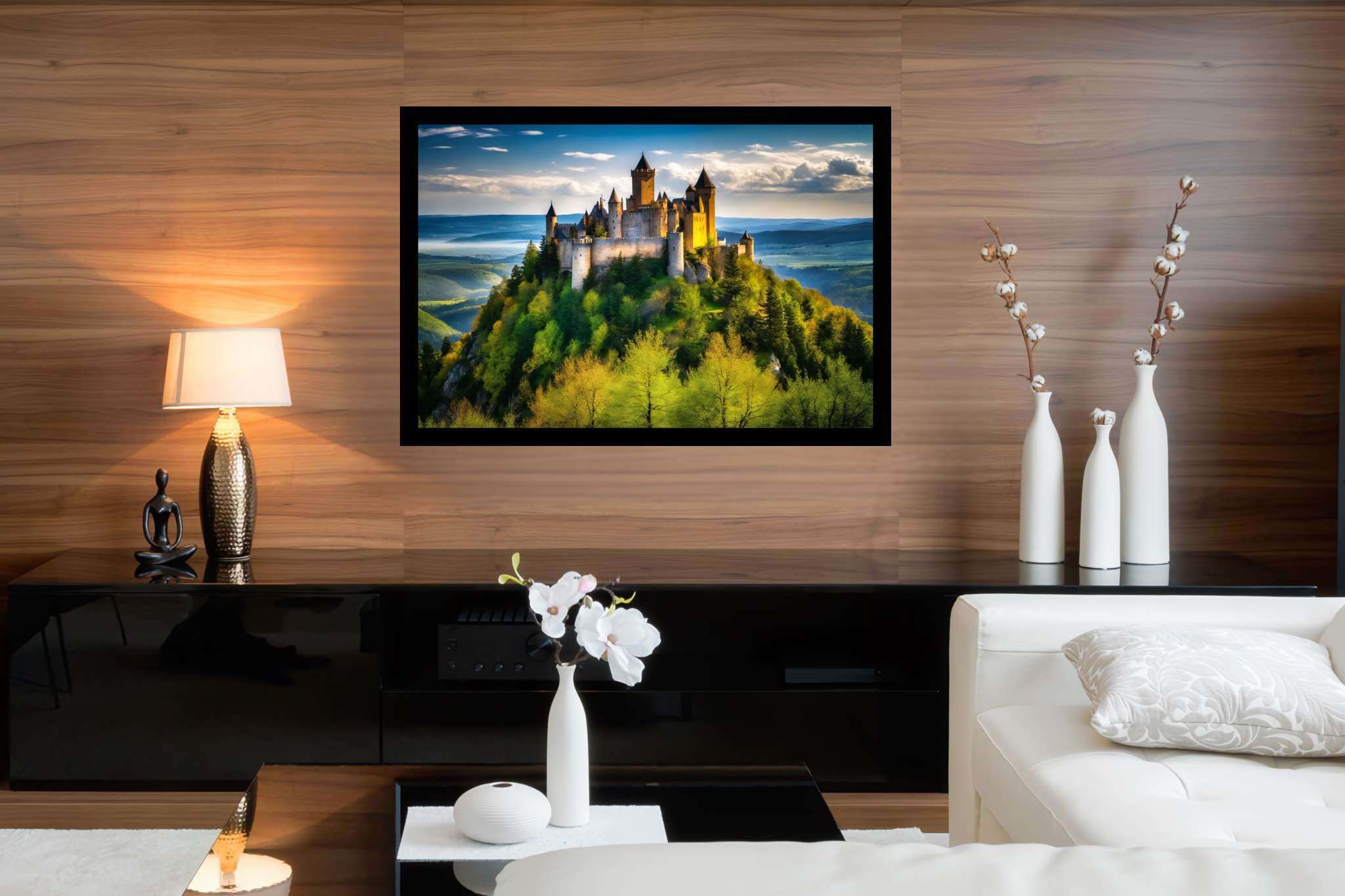 Realm of spires and dreams: Castle art with castle art, in a room with classic elegance, framed art, and elegant home goods. The art can be printed on poster, framed poster, canvas, metal, acrylic or wood, exclusively at WallArtZen. Find this exact print at https://wallartzen.com/waz169