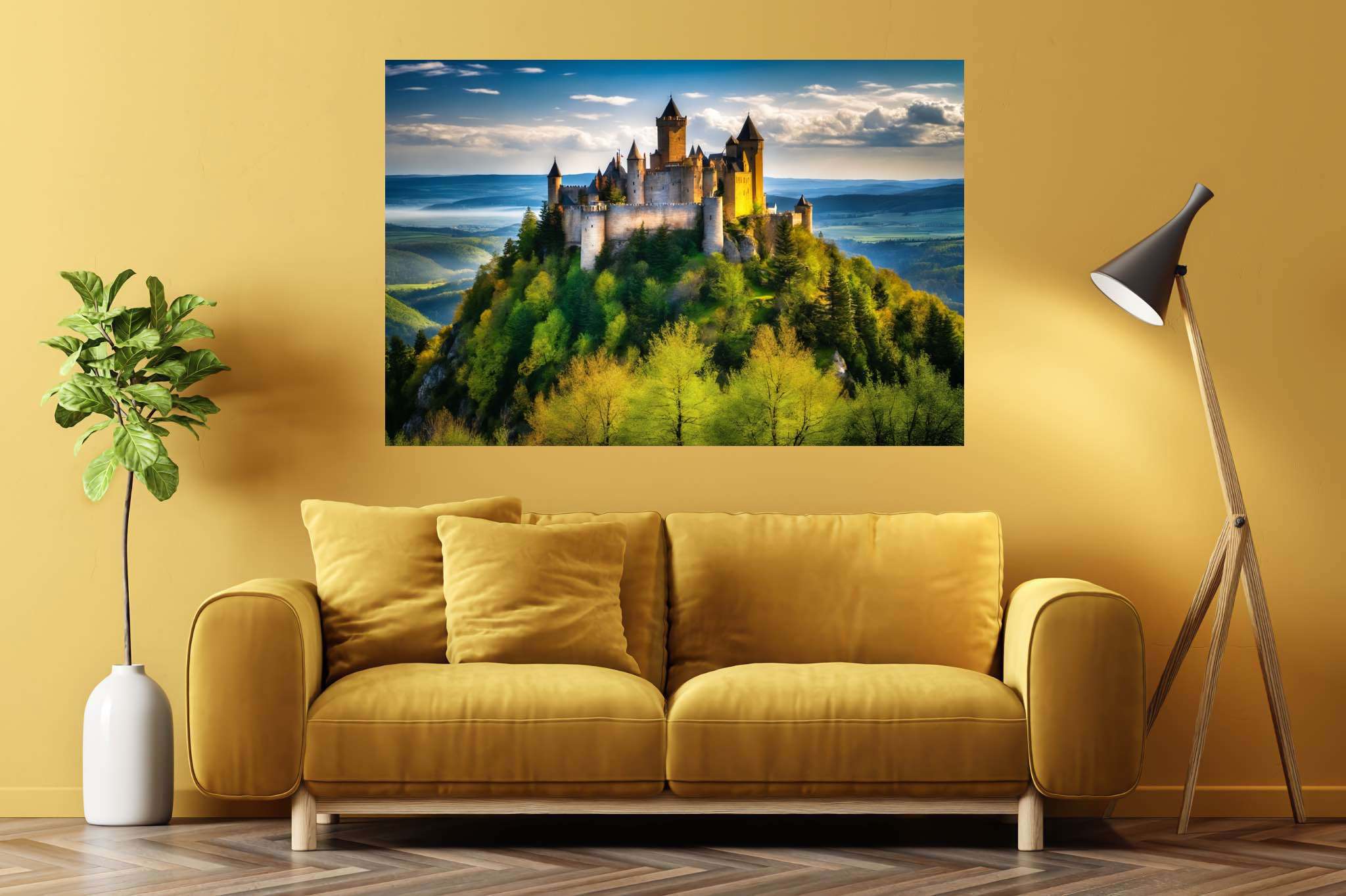 Realm of spires and dreams: Castle art with castle art, in a room with elegant layout, fine art prints, and home furnishings. The art can be printed on poster, framed poster, canvas, metal, acrylic or wood, exclusively at WallArtZen. Find this exact print at https://wallartzen.com/waz169